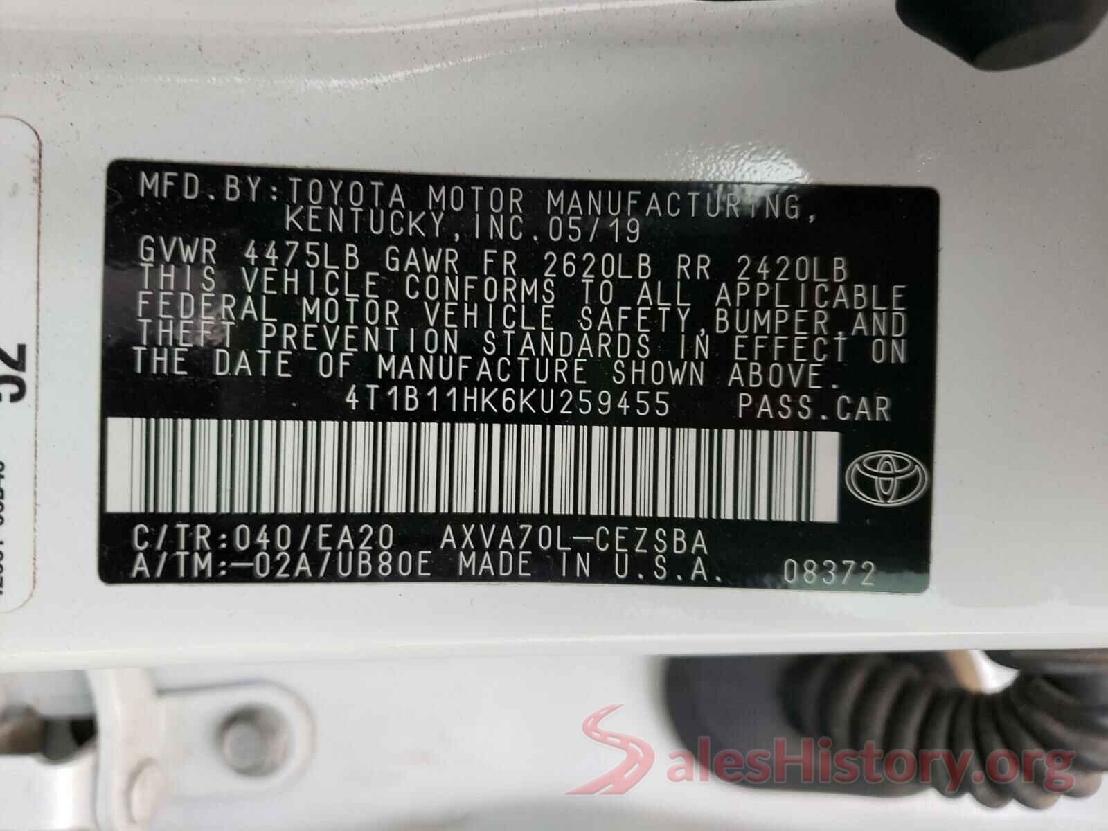 4T1B11HK6KU259455 2019 TOYOTA CAMRY