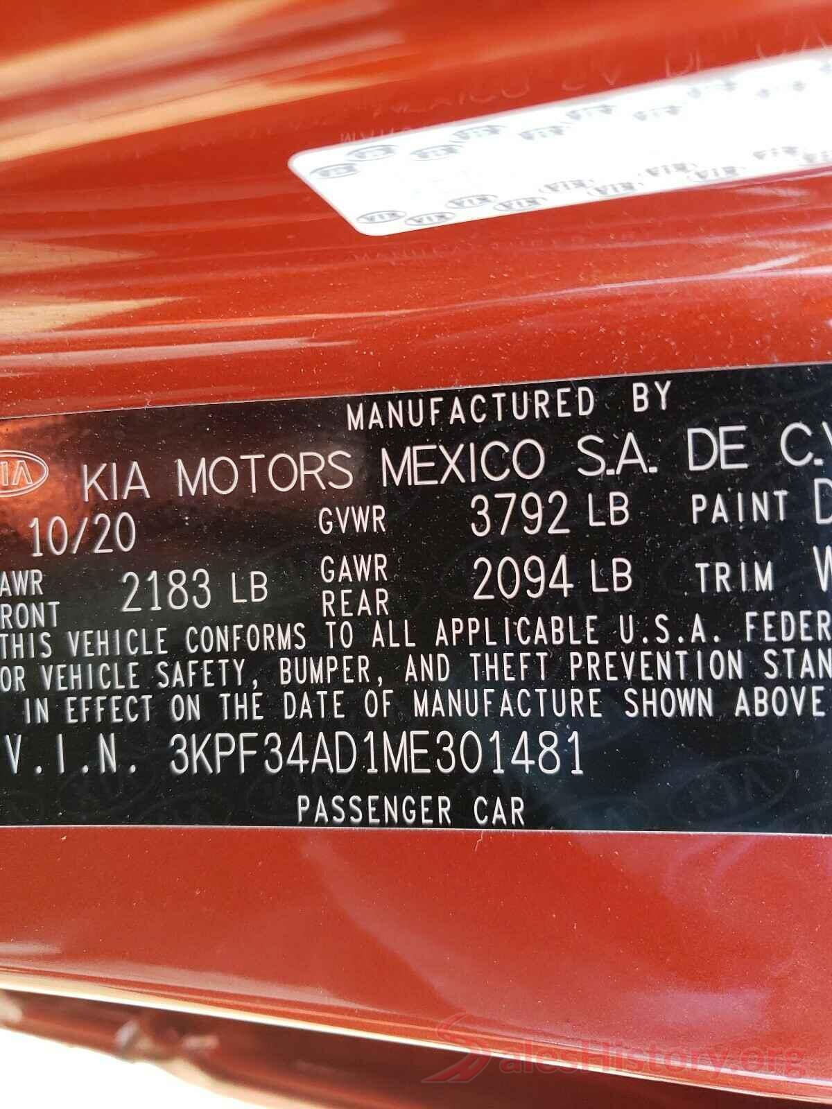 3KPF34AD1ME301481 2021 KIA FORTE