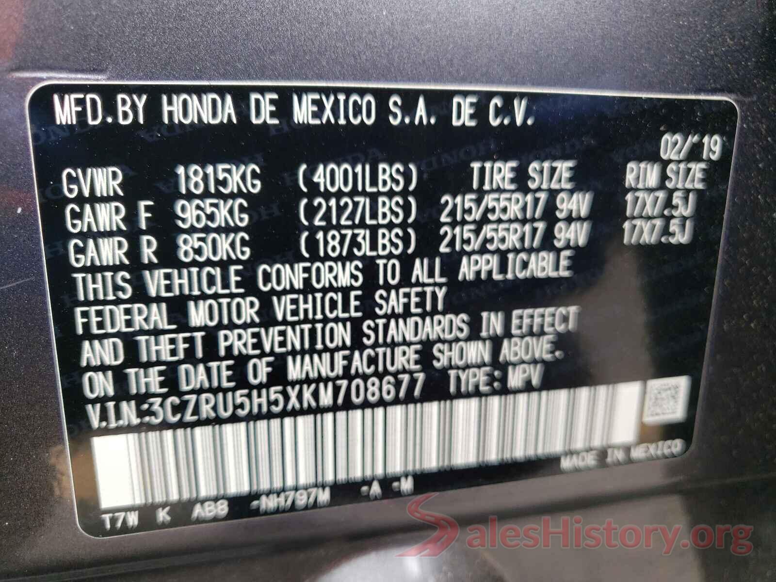 3CZRU5H5XKM708677 2019 HONDA HR-V