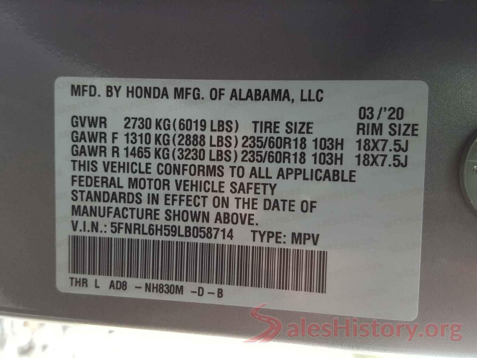 5FNRL6H59LB058714 2020 HONDA ODYSSEY