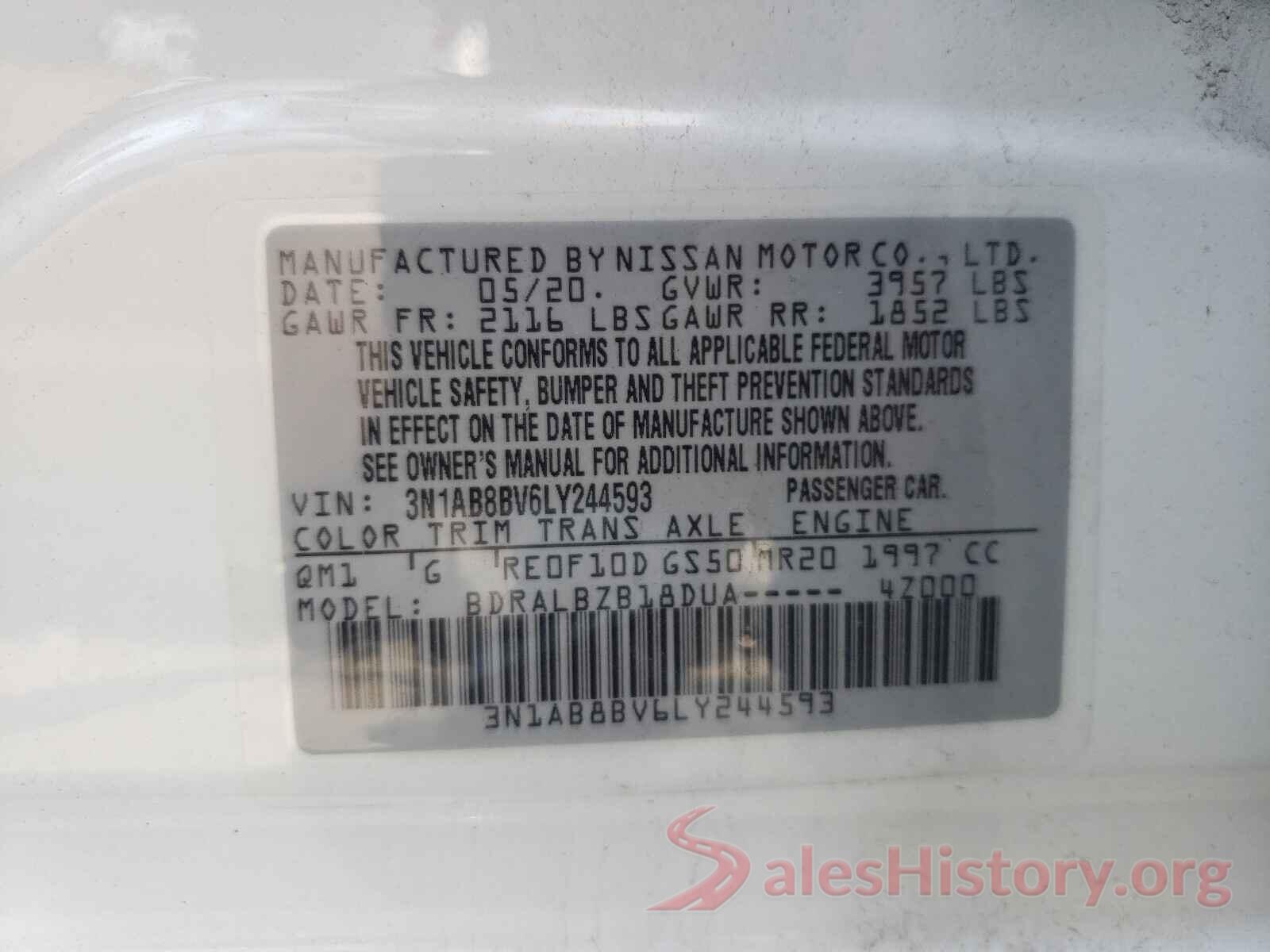 3N1AB8BV6LY244593 2020 NISSAN SENTRA