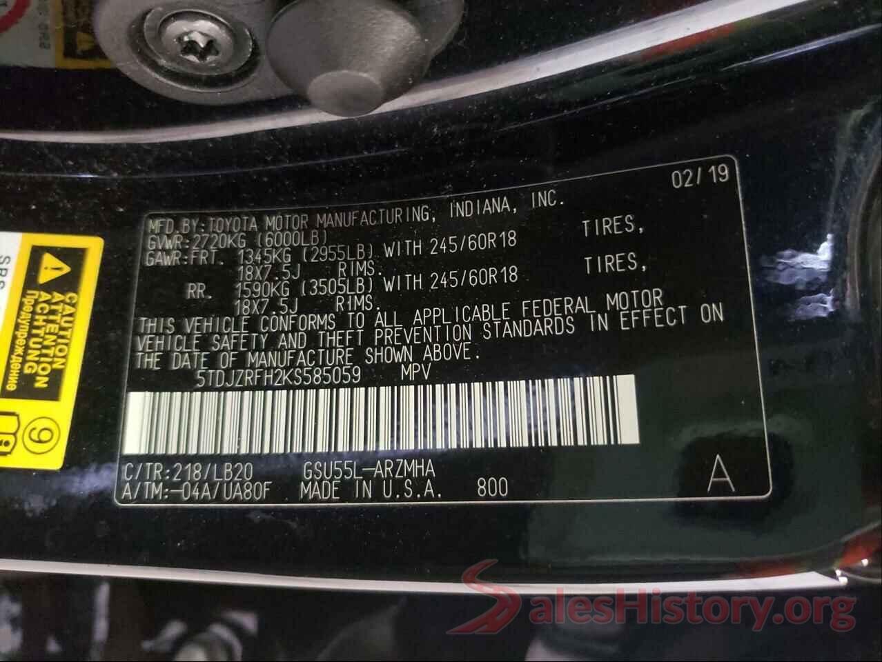 5TDJZRFH2KS585059 2019 TOYOTA HIGHLANDER