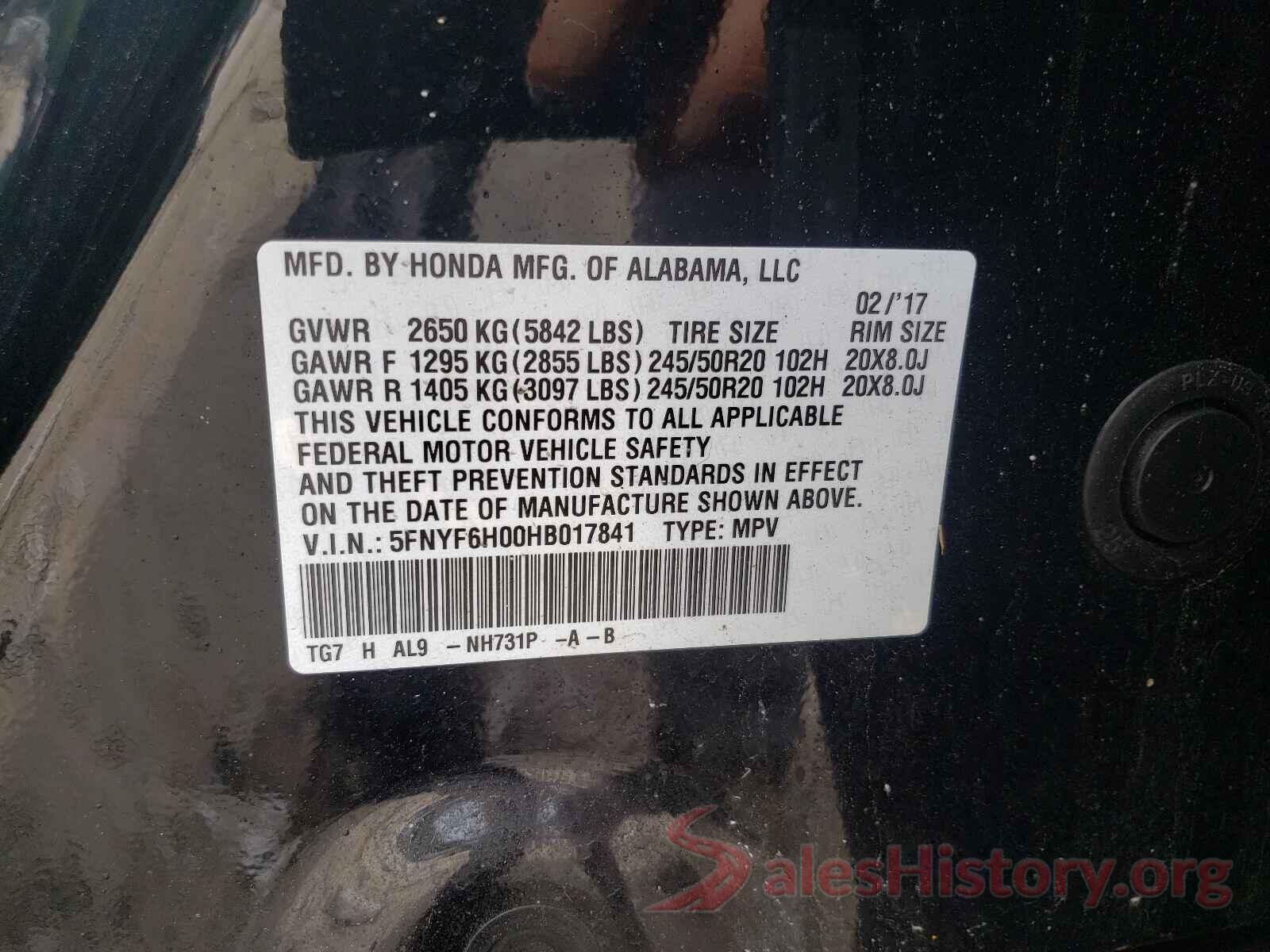 5FNYF6H00HB017841 2017 HONDA PILOT