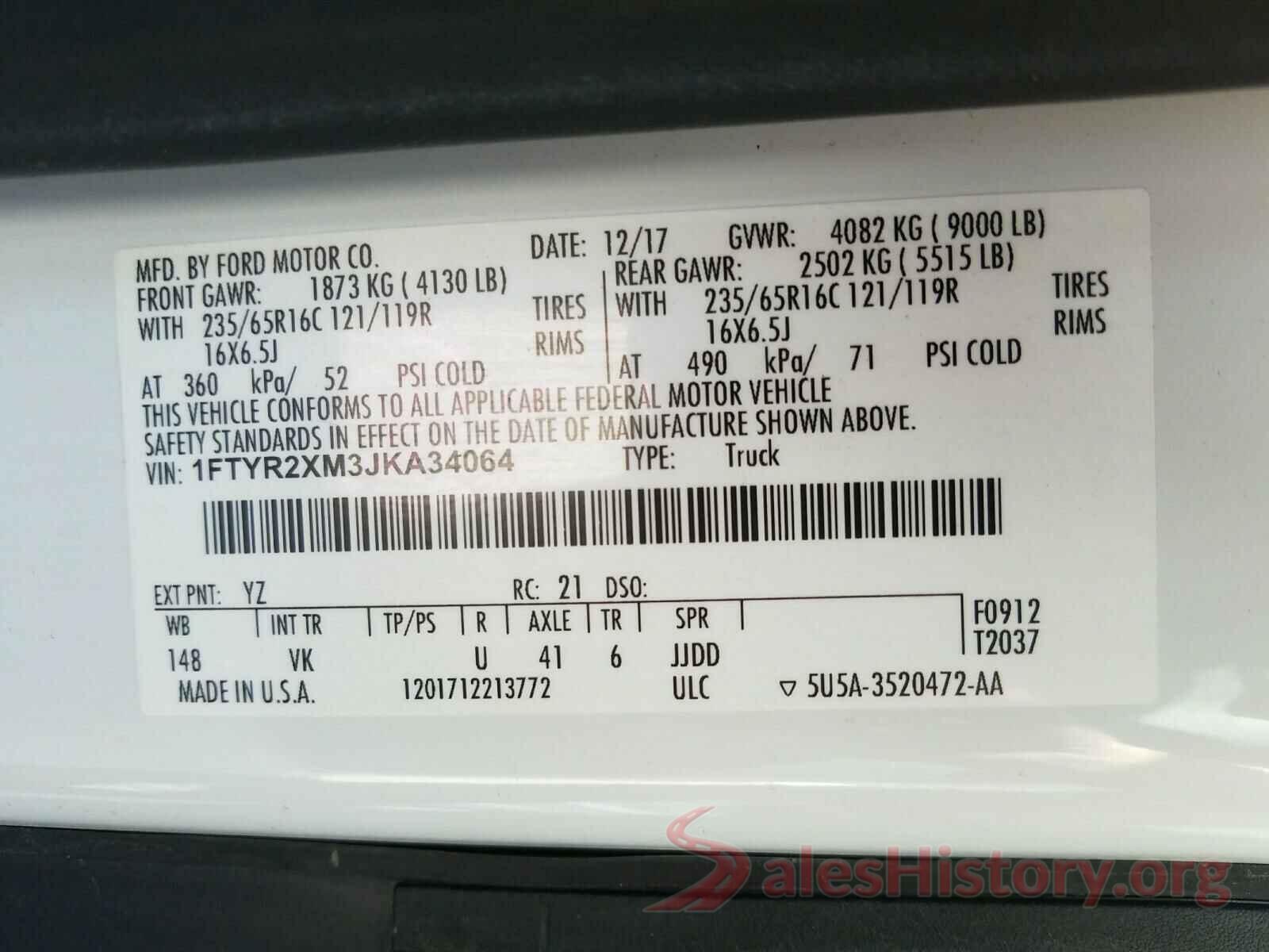 1FTYR2XM3JKA34064 2018 FORD TRANSIT CO