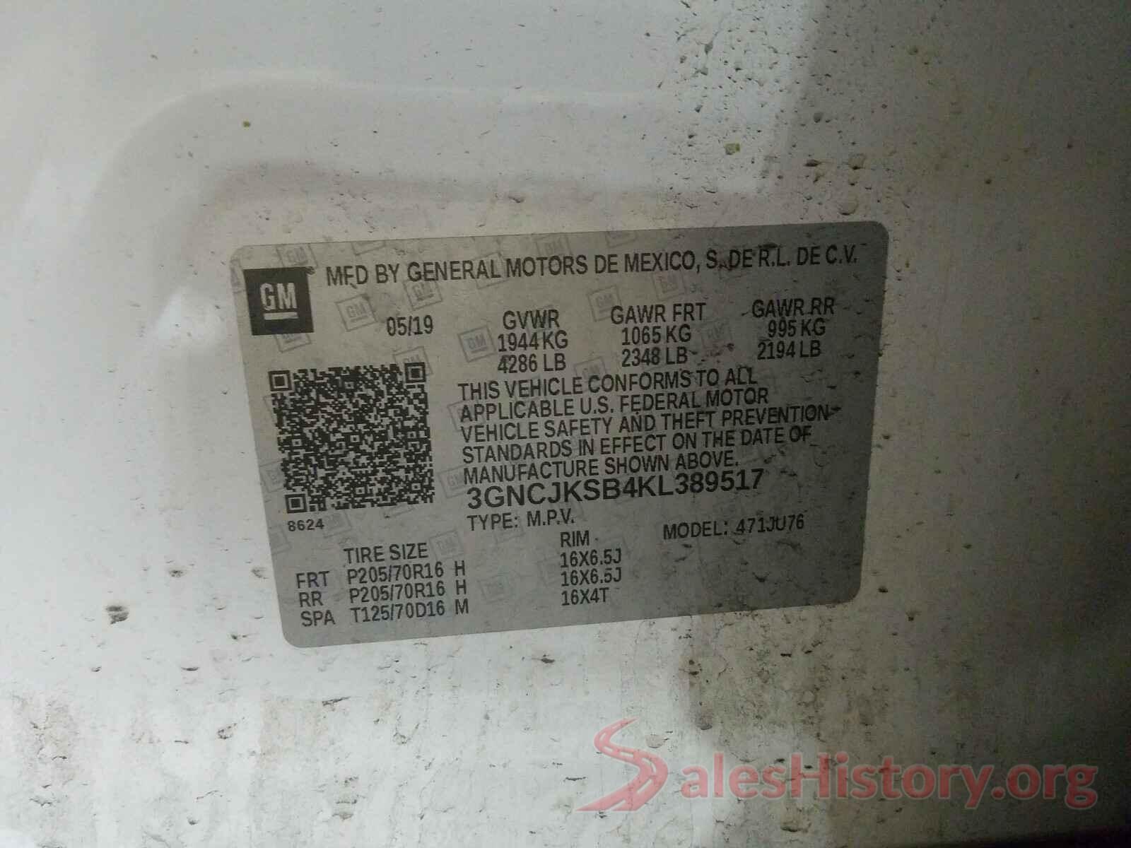 3GNCJKSB4KL389517 2019 CHEVROLET TRAX