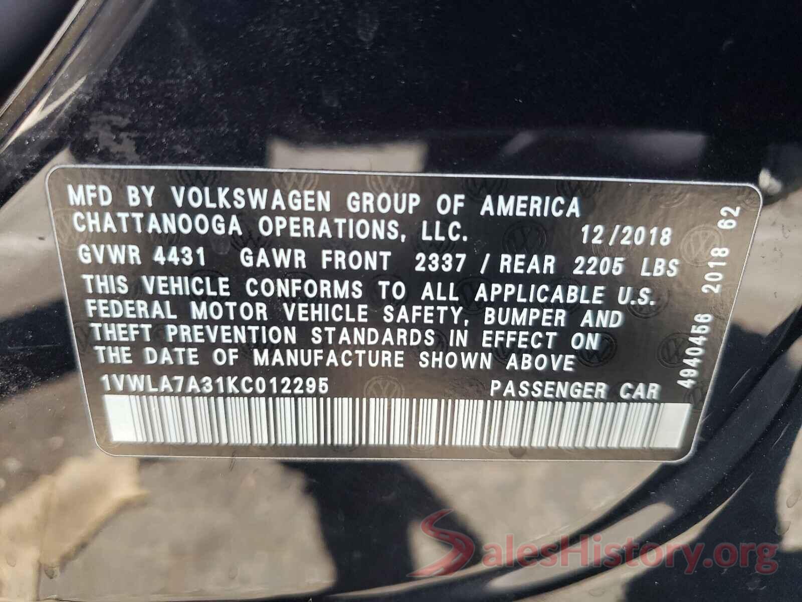 1VWLA7A31KC012295 2019 VOLKSWAGEN PASSAT