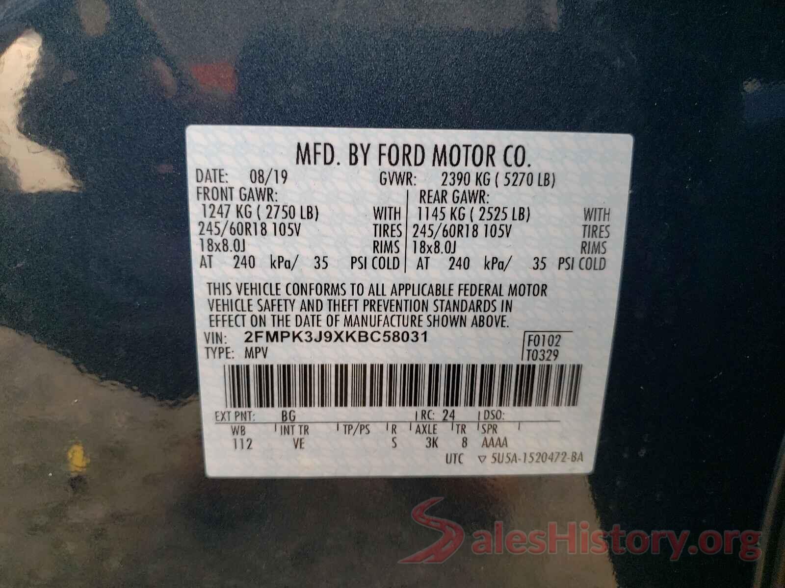 2FMPK3J9XKBC58031 2019 FORD EDGE