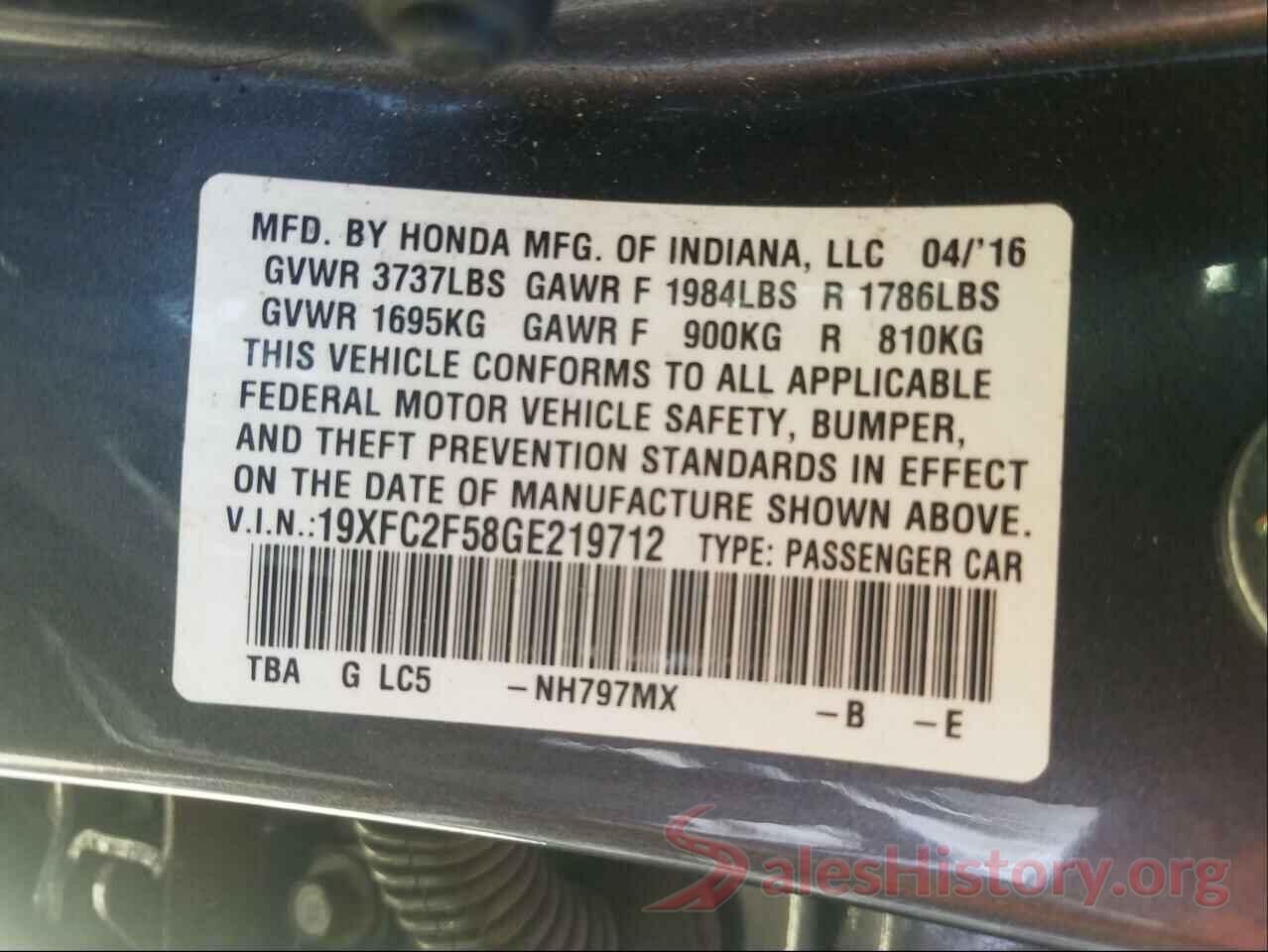 19XFC2F58GE219712 2016 HONDA CIVIC