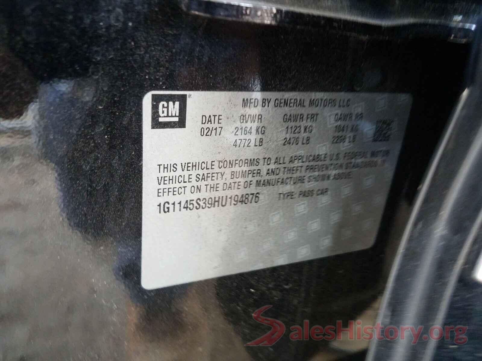 1G1145S39HU194876 2017 CHEVROLET IMPALA