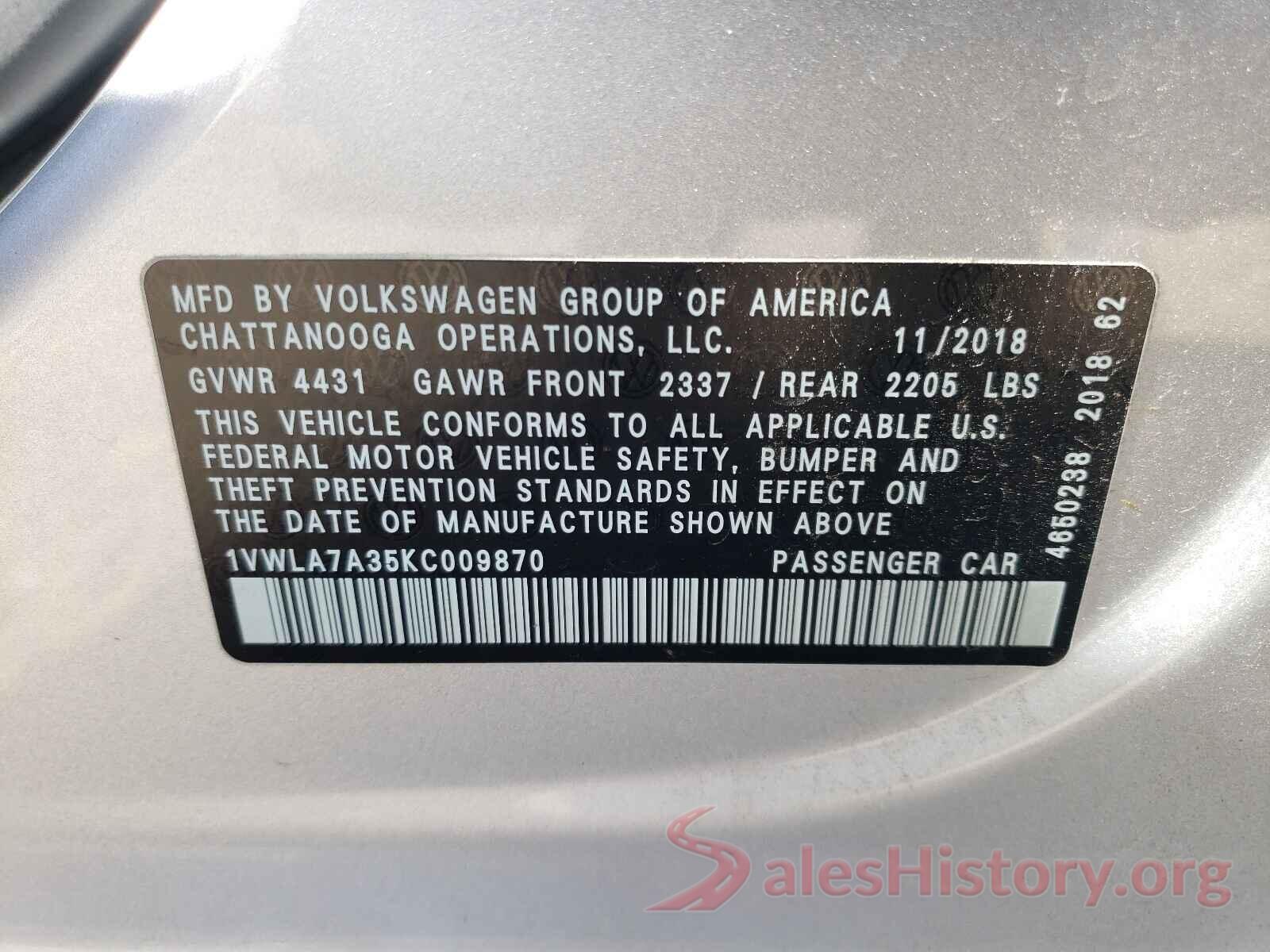 1VWLA7A35KC009870 2019 VOLKSWAGEN PASSAT