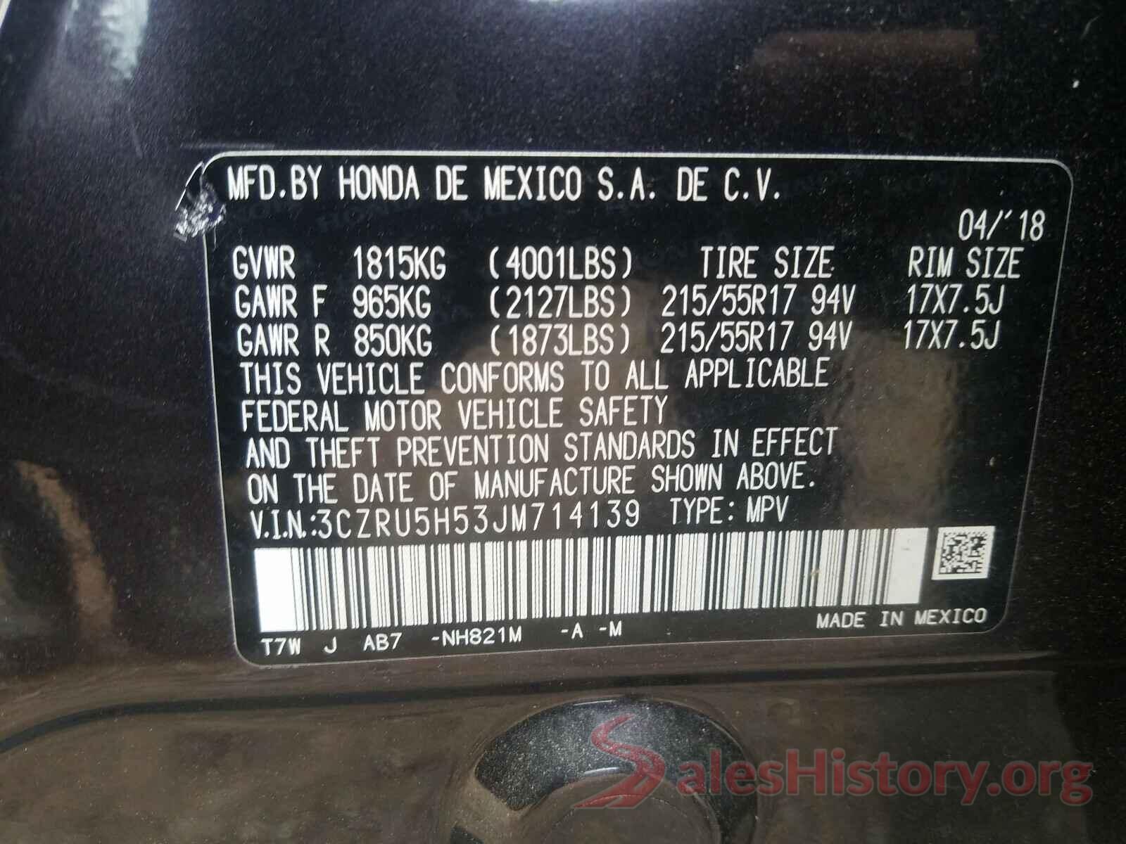 3CZRU5H53JM714139 2018 HONDA HR-V