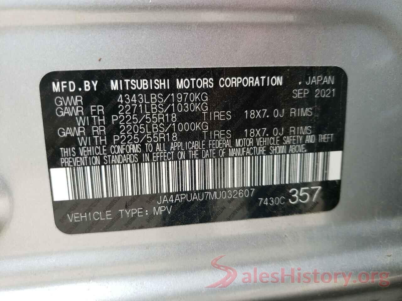 JA4APUAU7MU032607 2021 MITSUBISHI OUTLANDER