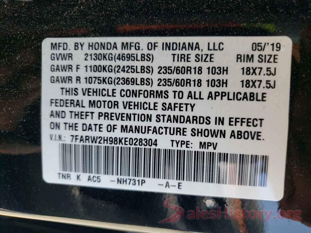 7FARW2H98KE028304 2019 HONDA CRV