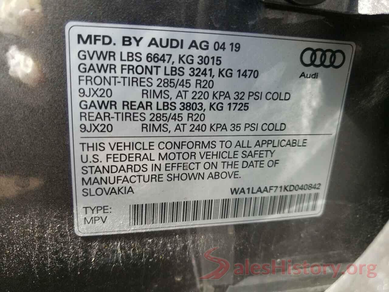 WA1LAAF71KD040842 2019 AUDI Q7