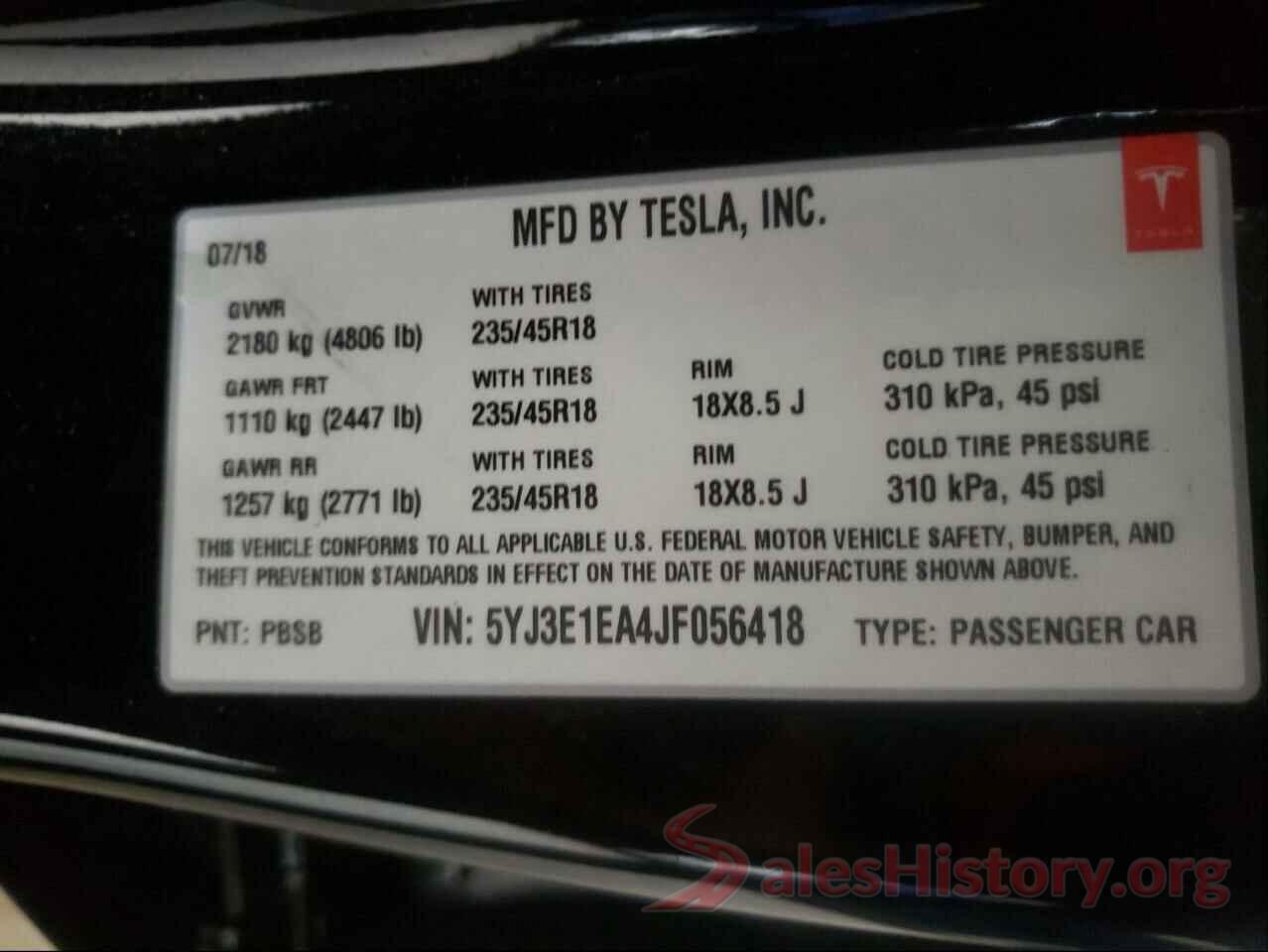 5YJ3E1EA4JF056418 2018 TESLA MODEL 3