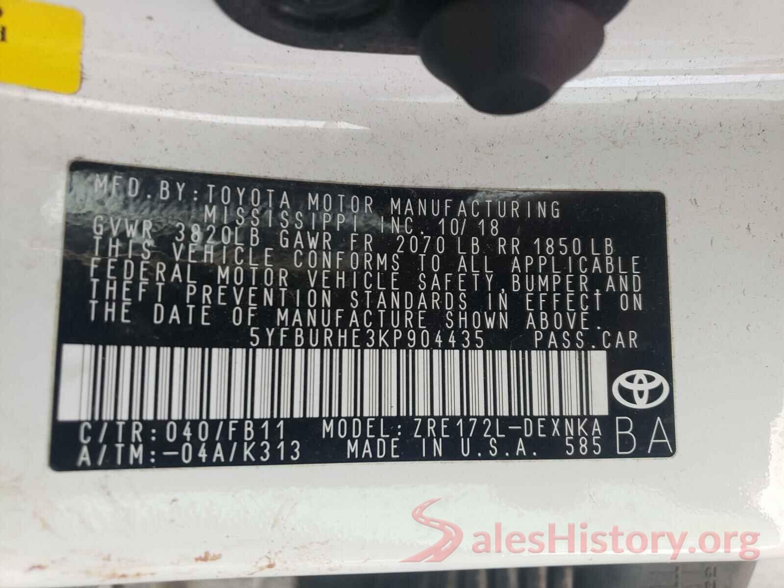 5YFBURHE3KP904435 2019 TOYOTA COROLLA