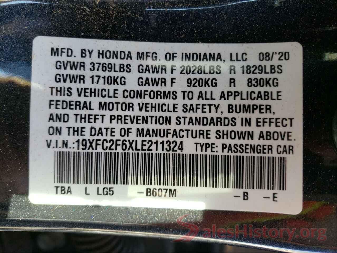 19XFC2F6XLE211324 2020 HONDA CIVIC