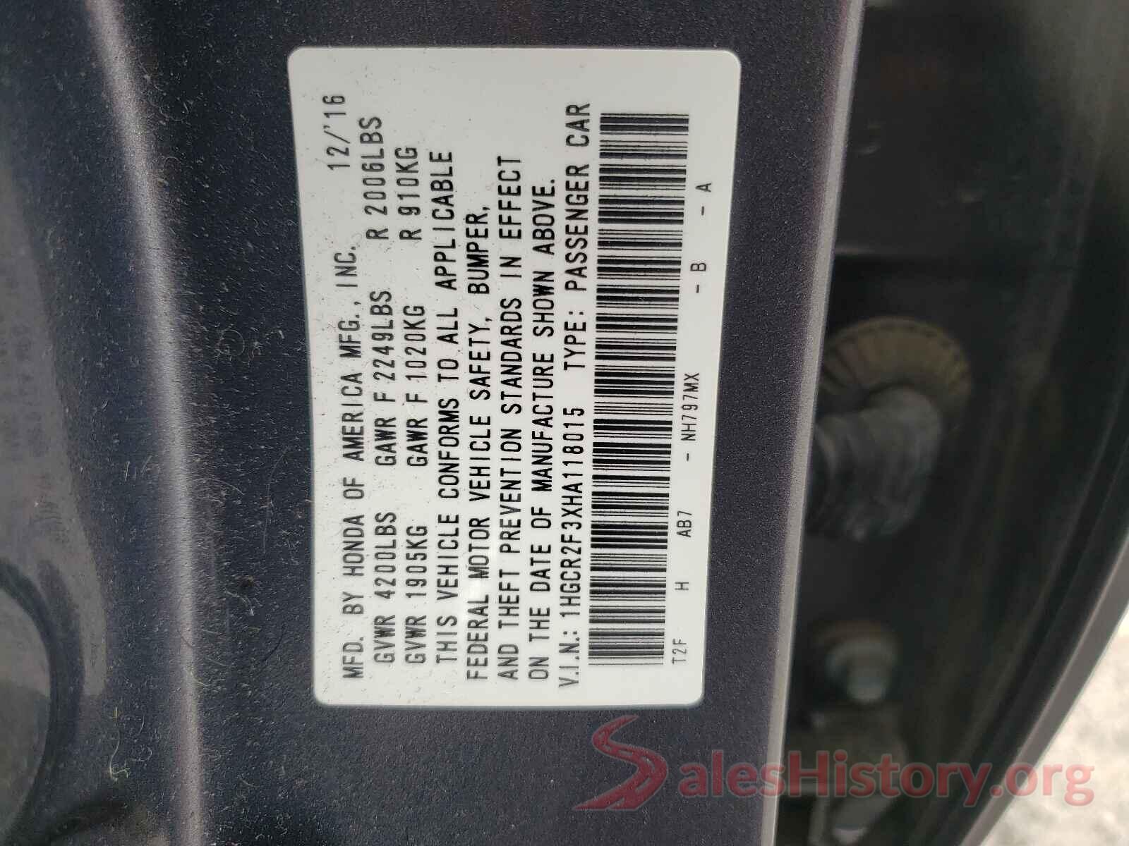 1HGCR2F3XHA118015 2017 HONDA ACCORD