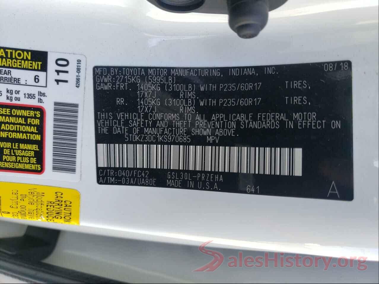 5TDKZ3DC1KS970685 2019 TOYOTA SIENNA