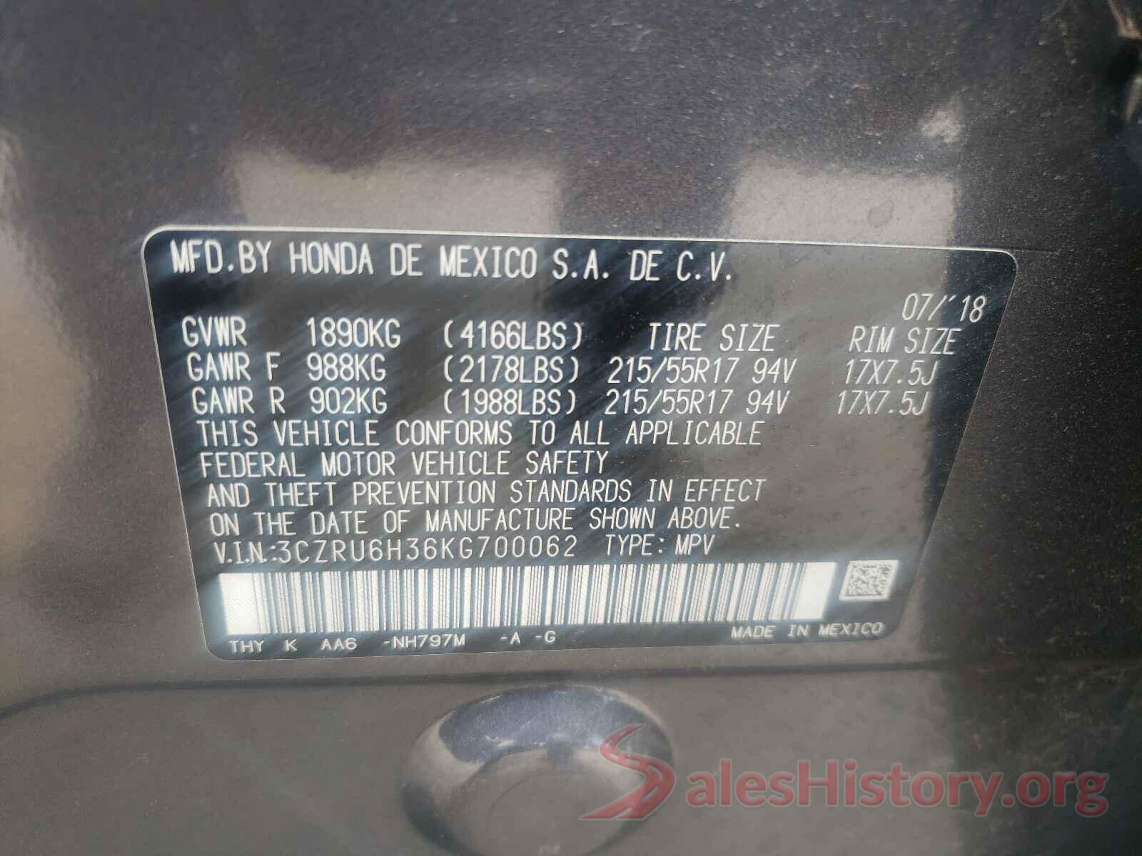 3CZRU6H36KG700062 2019 HONDA HR-V