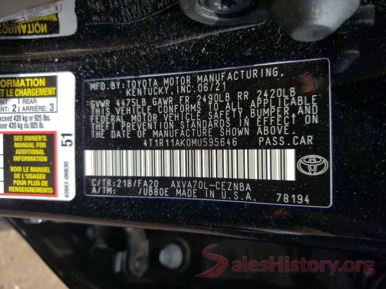 4T1R11AK0MU595646 2021 TOYOTA CAMRY