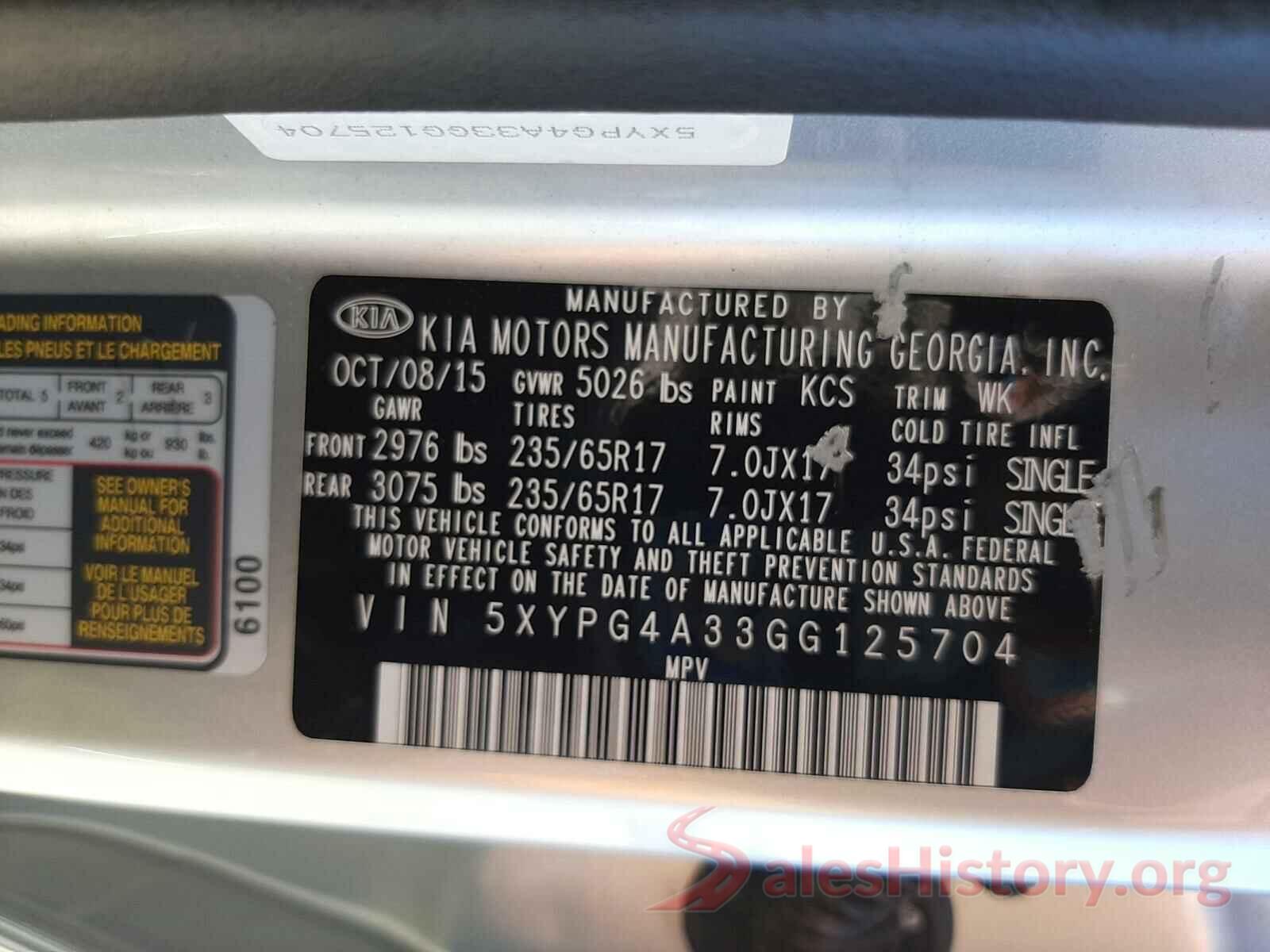 5XYPG4A33GG125704 2016 KIA SORENTO