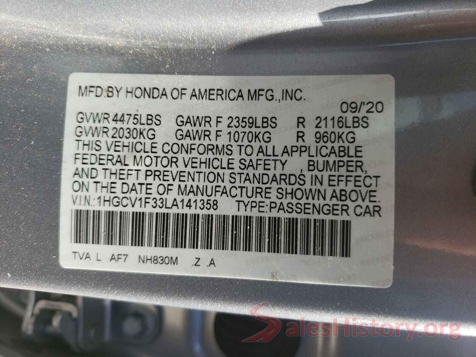 1HGCV1F33LA141358 2020 HONDA ACCORD