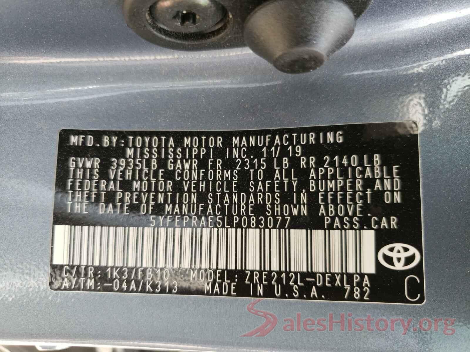 5YFEPRAE5LP083077 2020 TOYOTA COROLLA