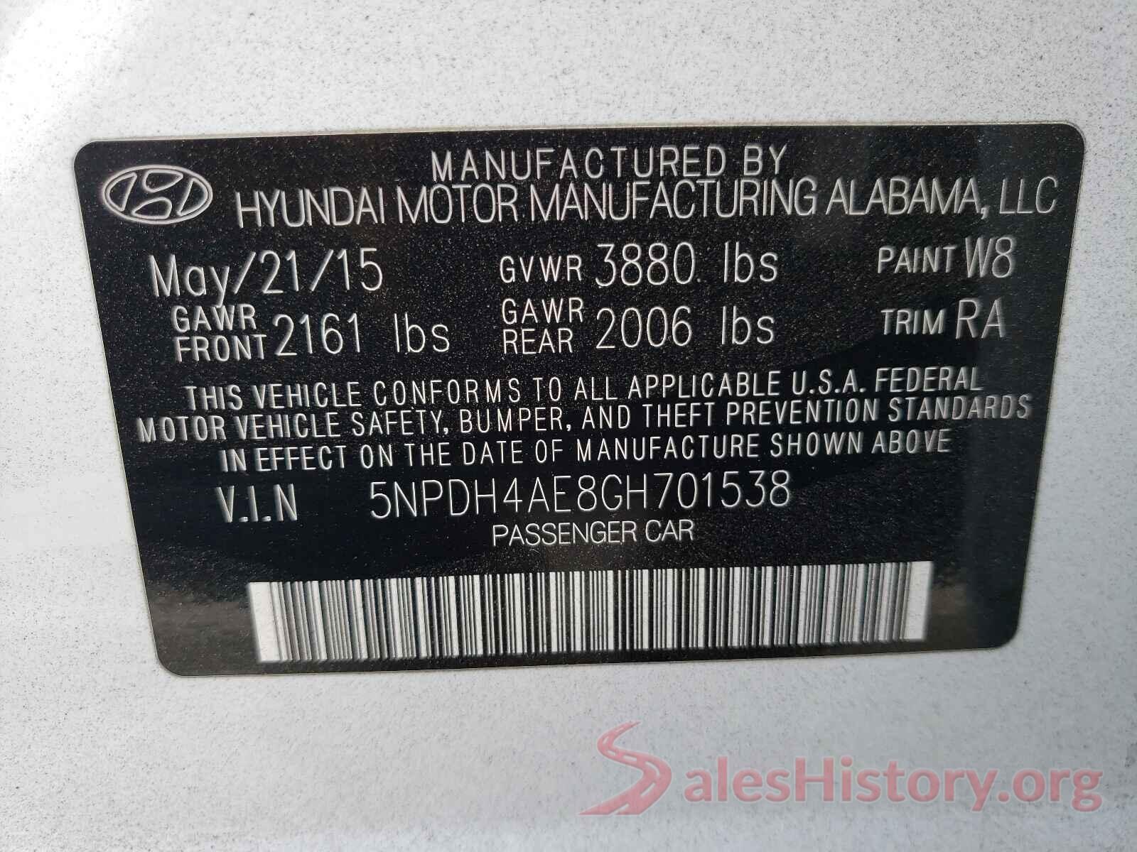 5NPDH4AE8GH701538 2016 HYUNDAI ELANTRA