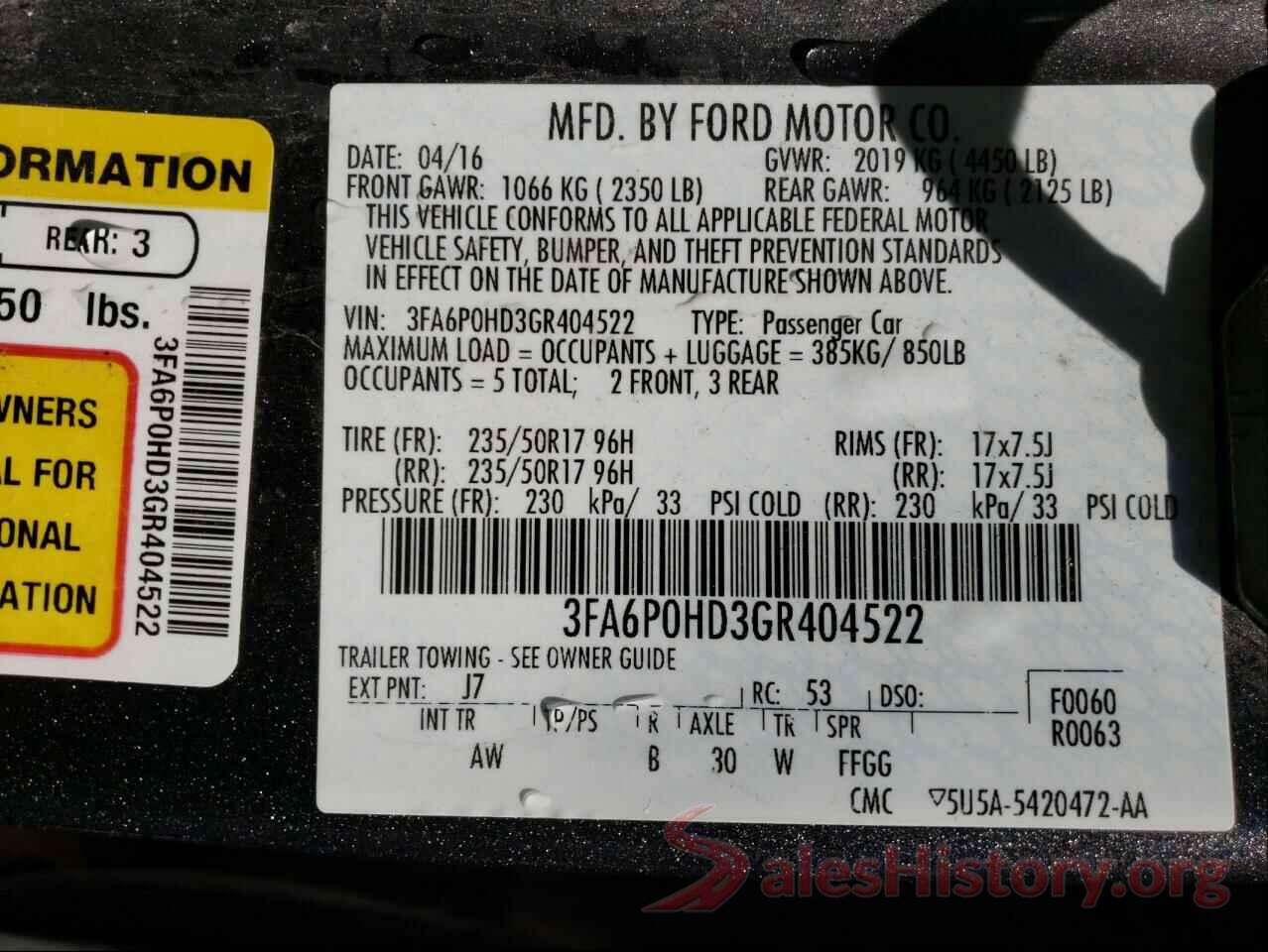 3FA6P0HD3GR404522 2016 FORD FUSION