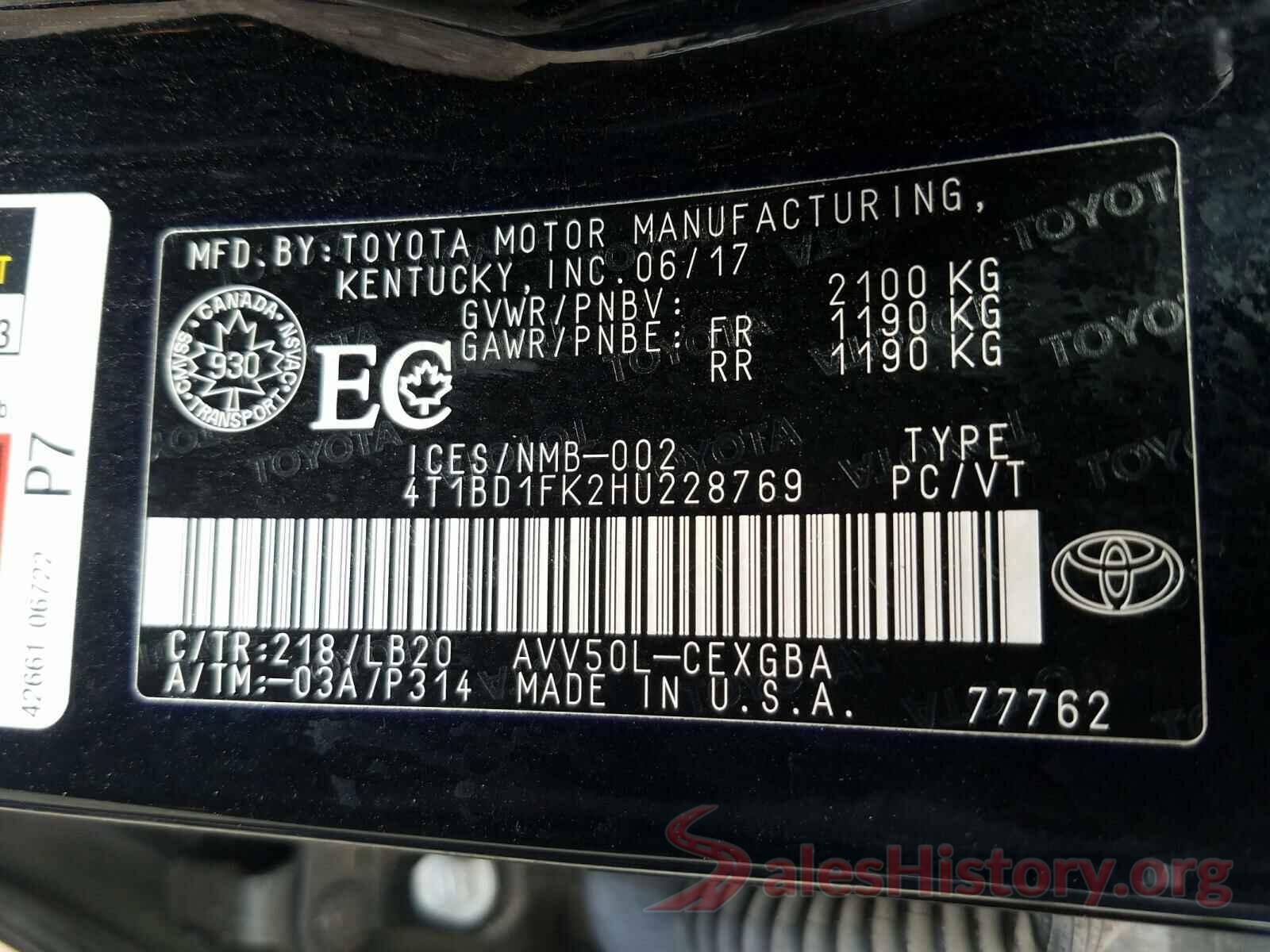 4T1BD1FK2HU228769 2017 TOYOTA CAMRY