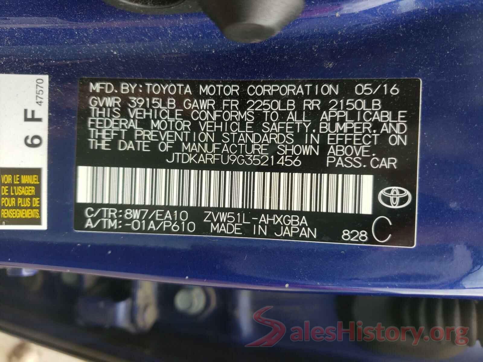 JTDKARFU9G3521456 2016 TOYOTA PRIUS