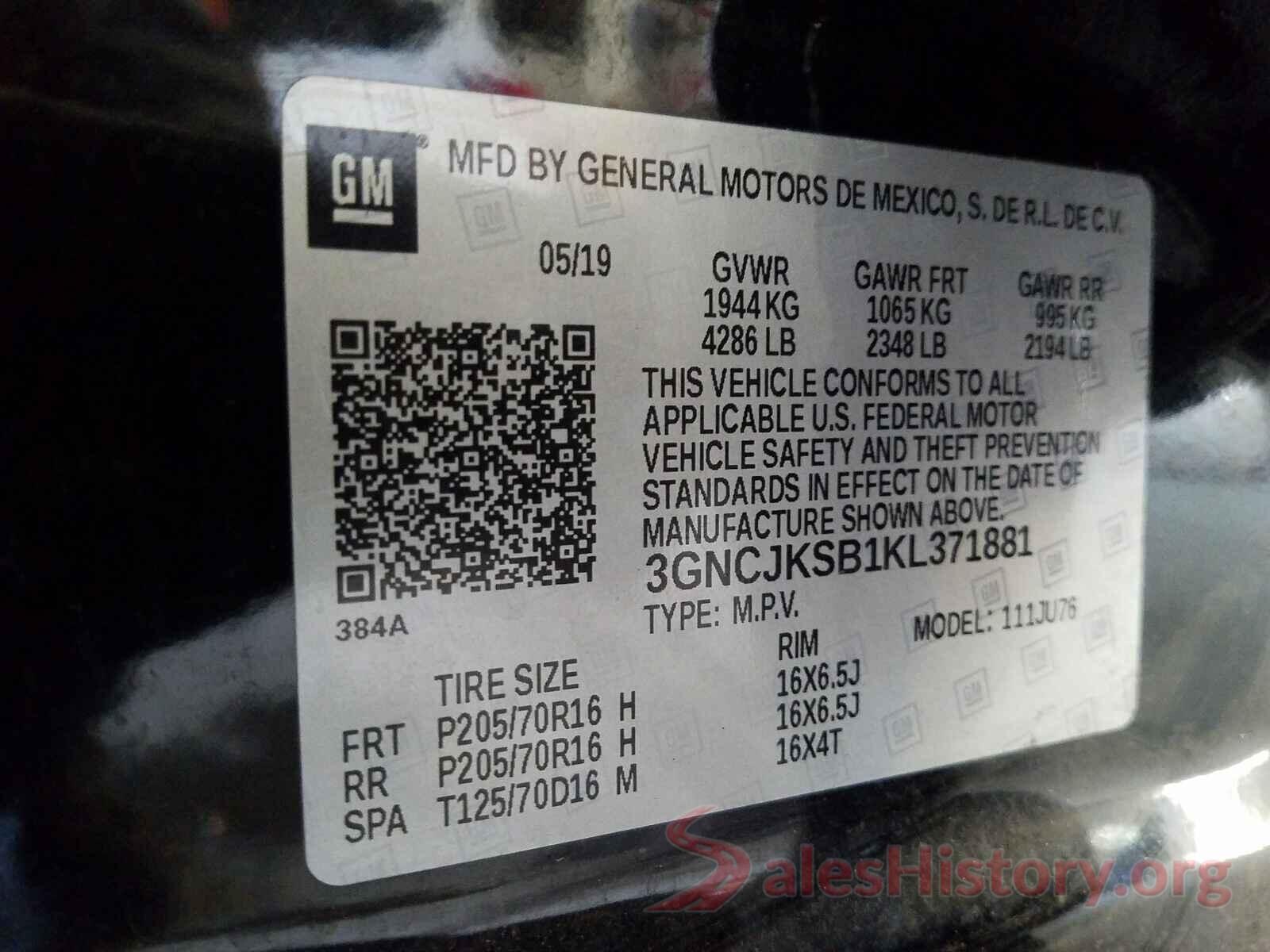 3GNCJKSB1KL371881 2019 CHEVROLET TRAX