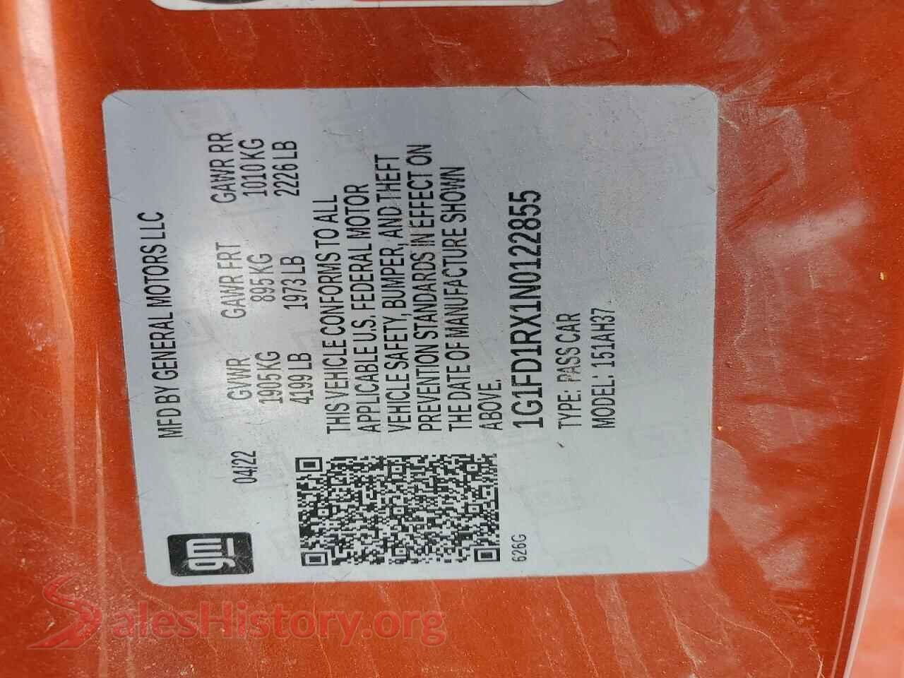 2022 CHEVROLET CAMARO VIN 1G1FD1RX1N0122855, trunk area
