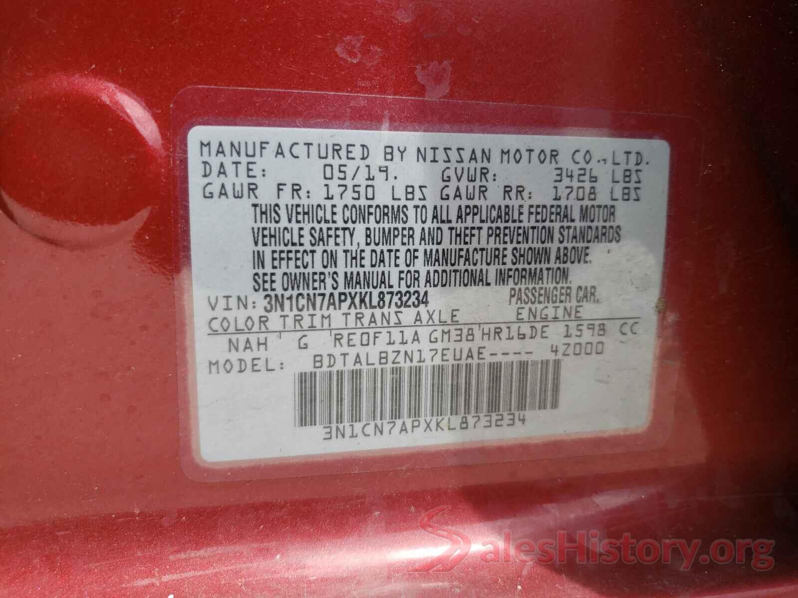 3N1CN7APXKL873234 2019 NISSAN VERSA