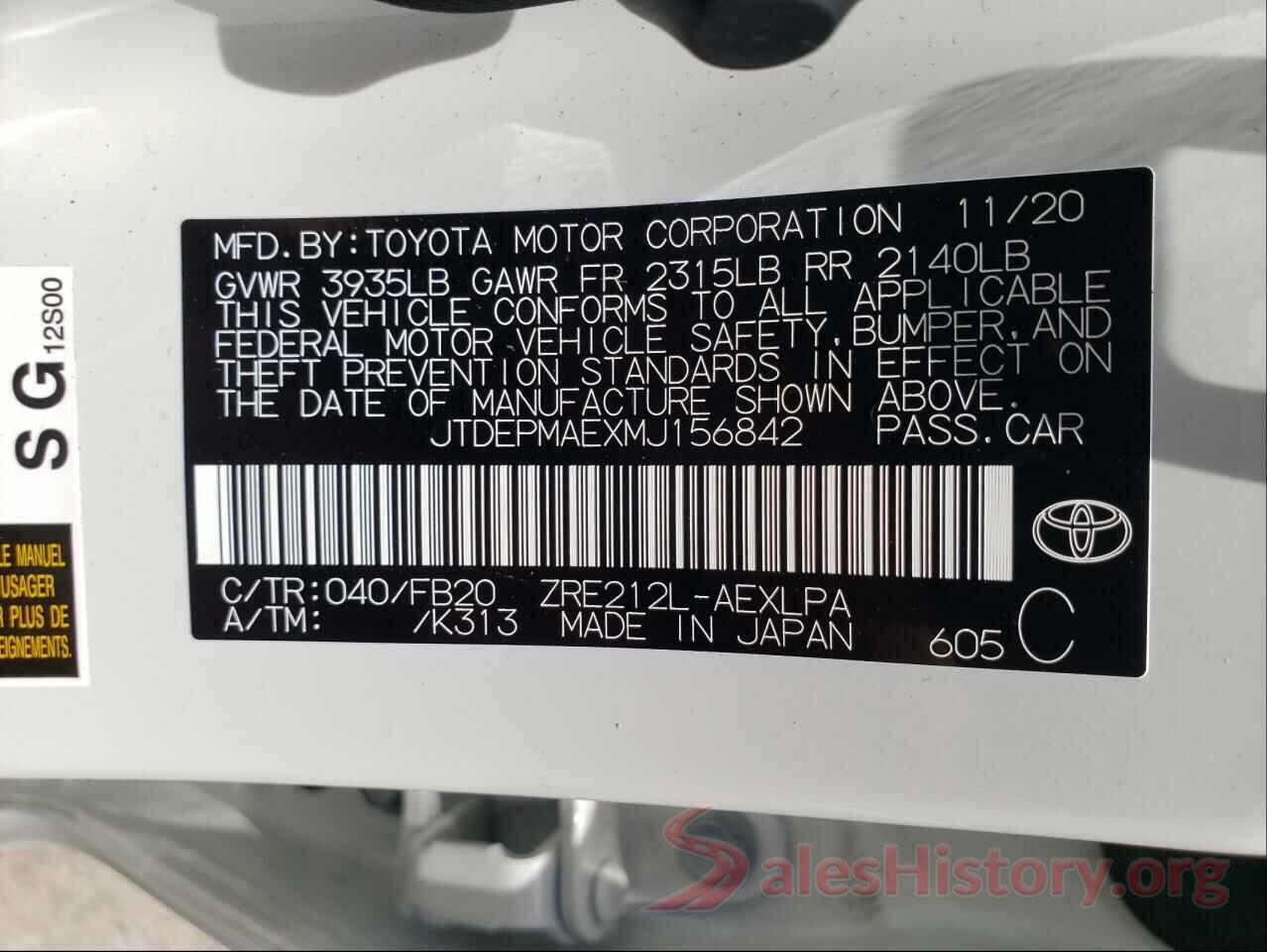 JTDEPMAEXMJ156842 2021 TOYOTA COROLLA