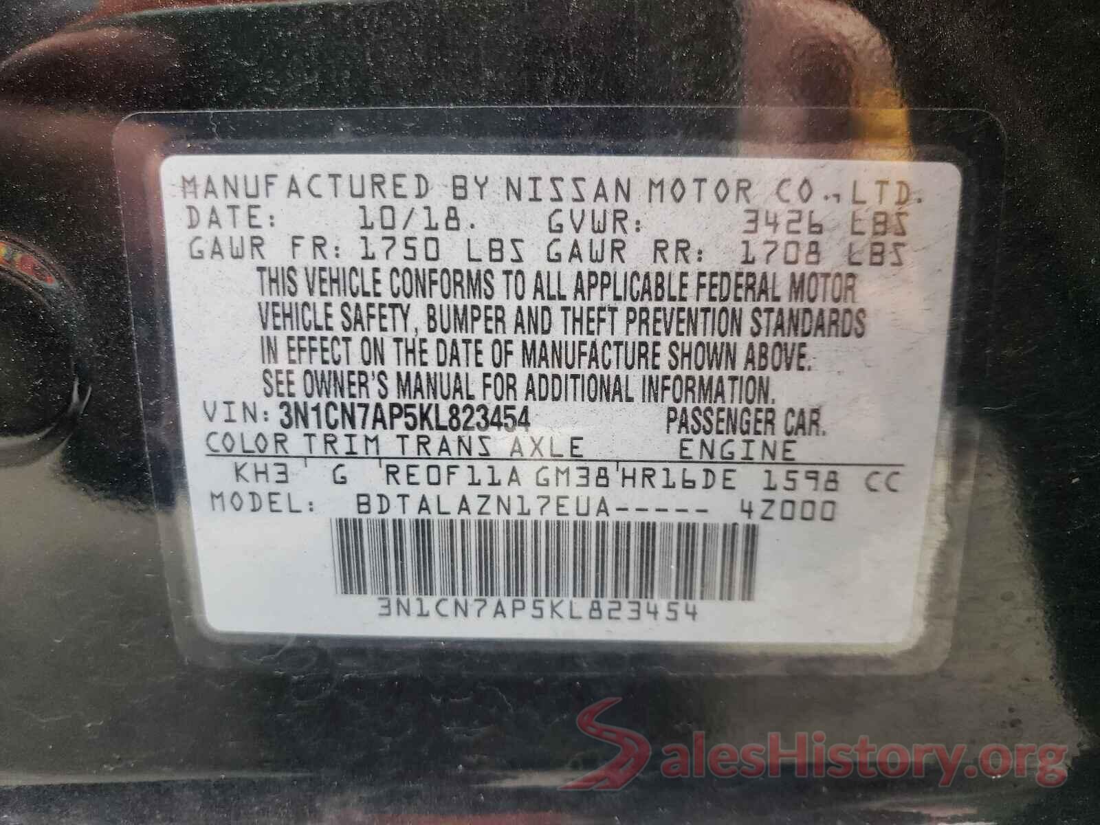 3N1CN7AP5KL823454 2019 NISSAN VERSA