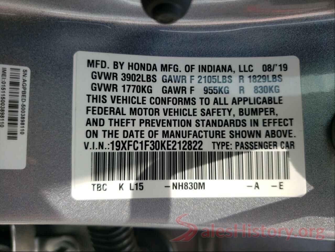 19XFC1F30KE212822 2019 HONDA CIVIC