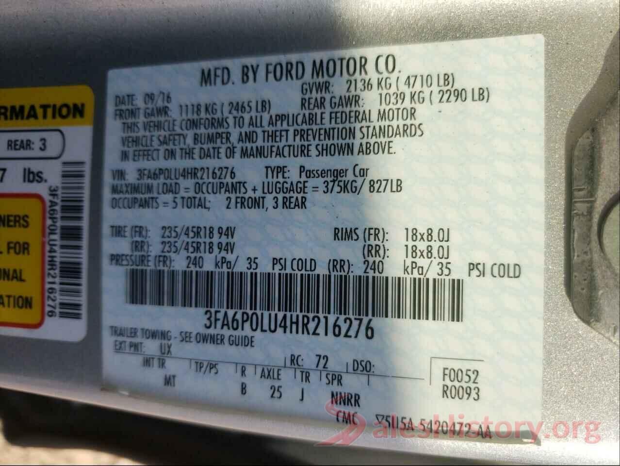 3FA6P0LU4HR216276 2017 FORD FUSION