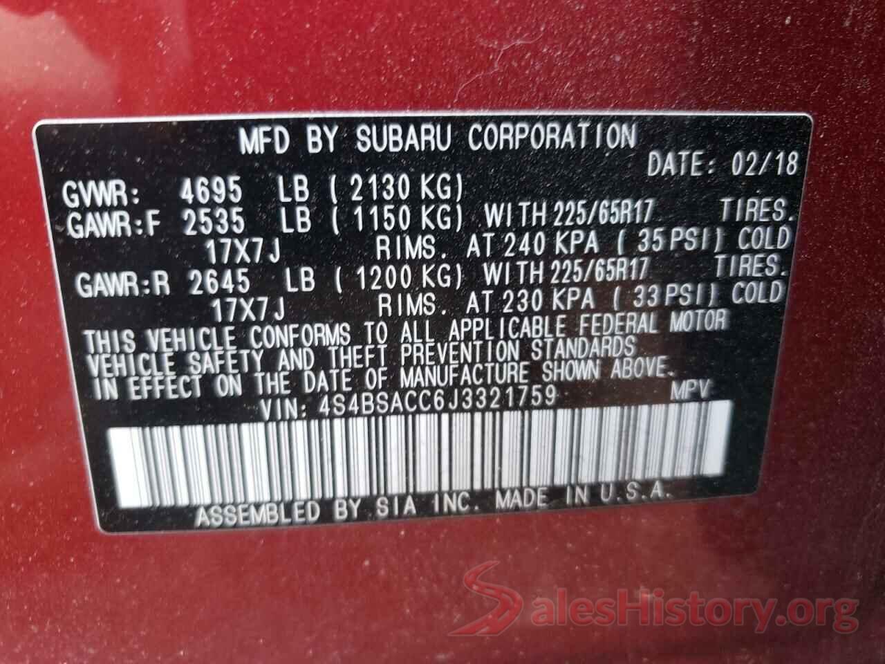 4S4BSACC6J3321759 2018 SUBARU OUTBACK