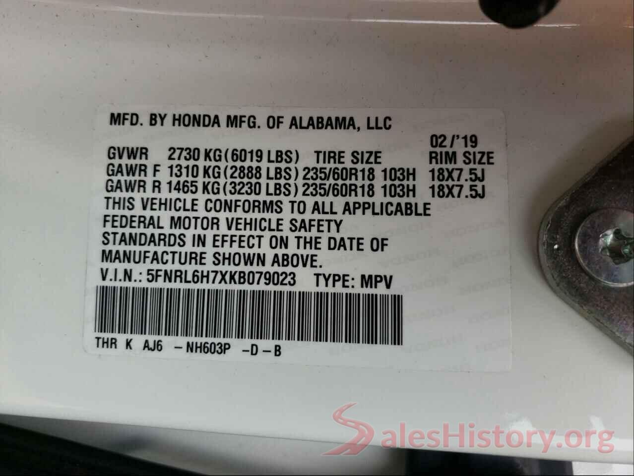 5FNRL6H7XKB079023 2019 HONDA ODYSSEY