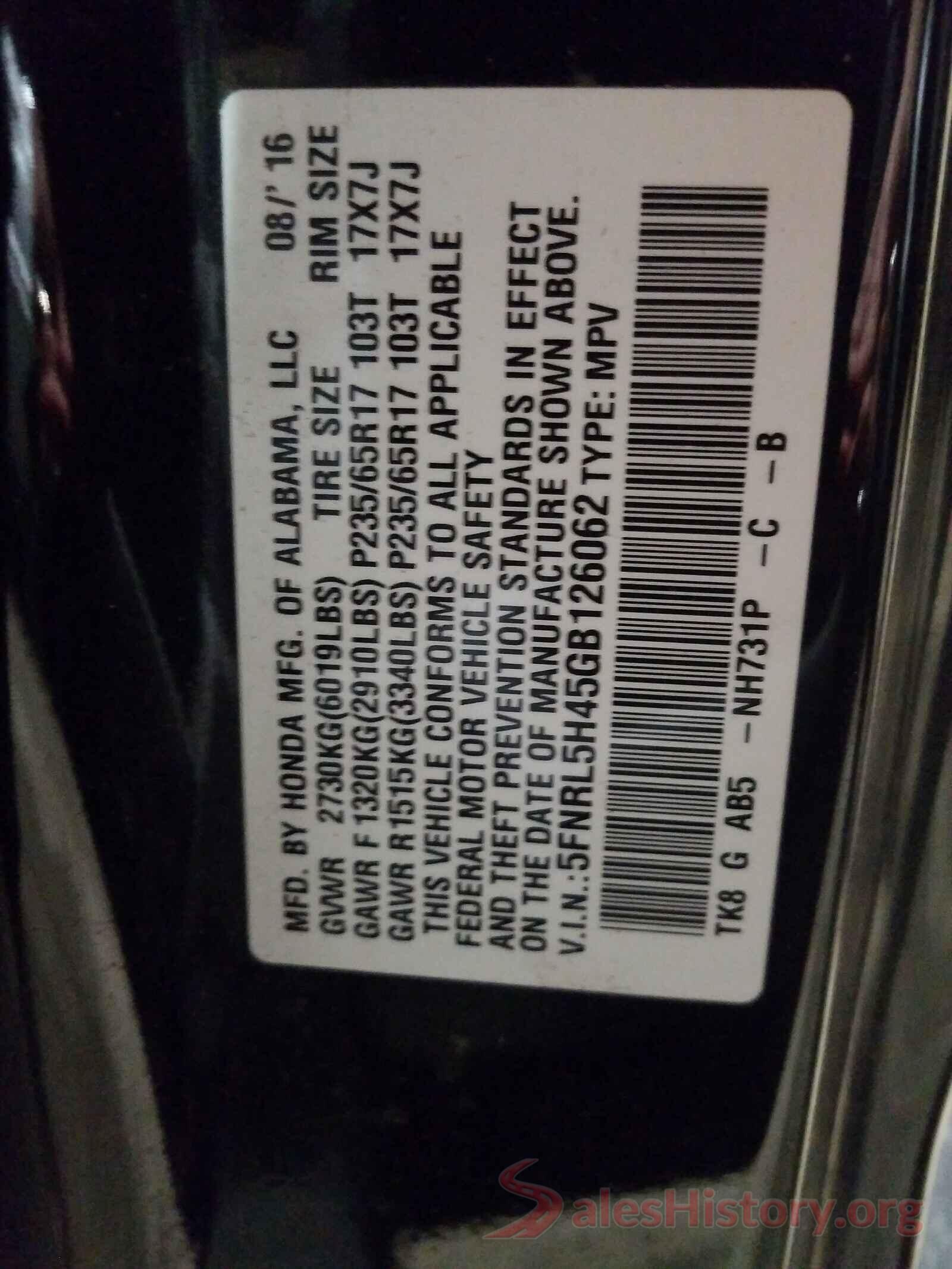 5FNRL5H45GB126062 2016 HONDA ODYSSEY