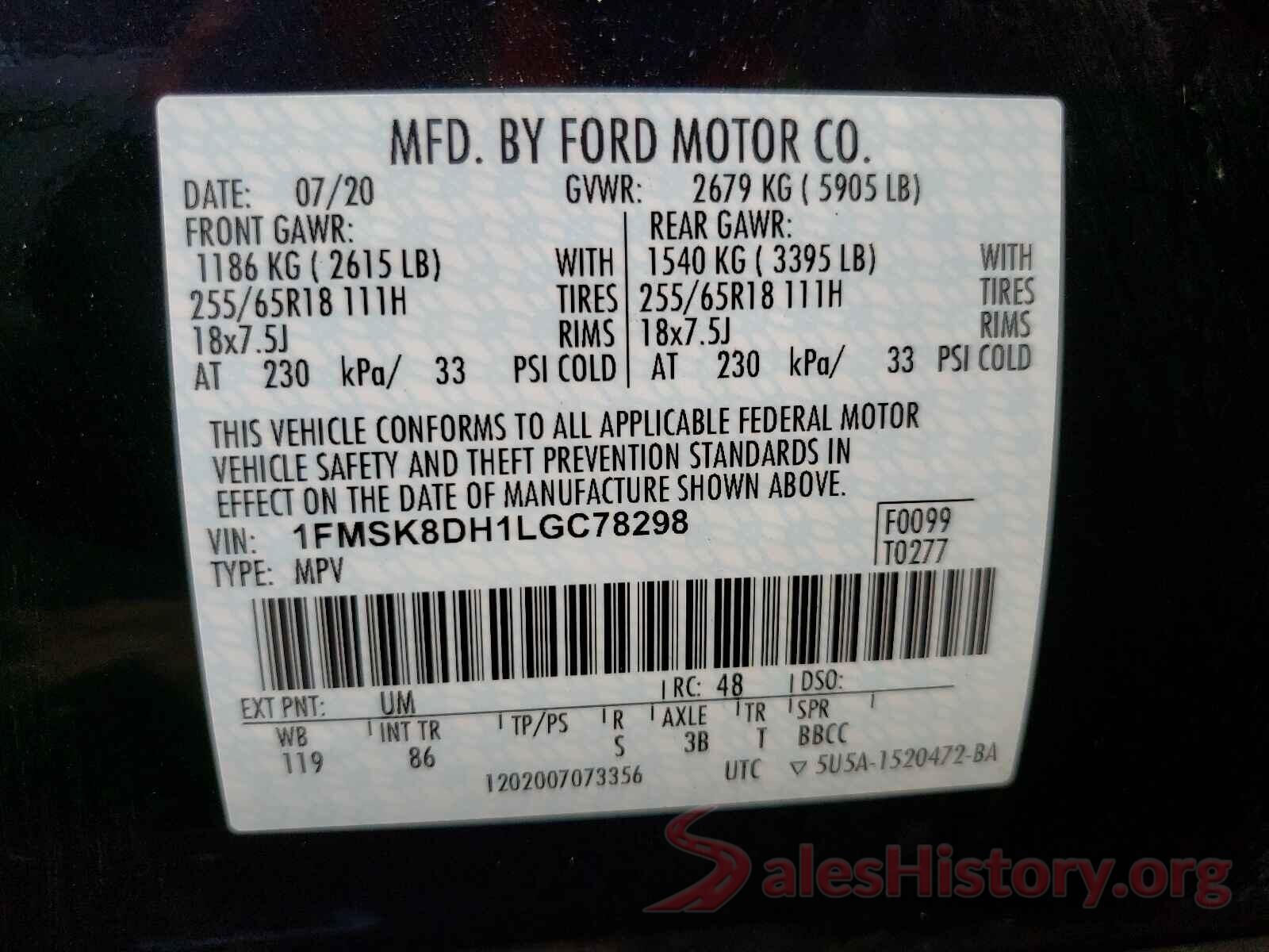 1FMSK8DH1LGC78298 2020 FORD EXPLORER