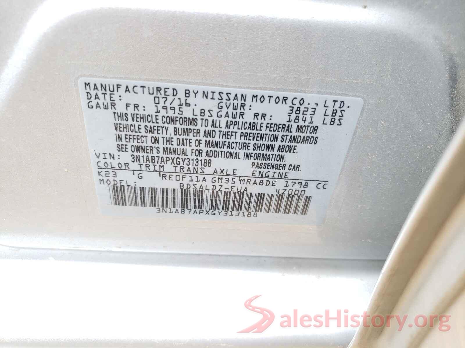 3N1AB7APXGY313188 2016 NISSAN SENTRA