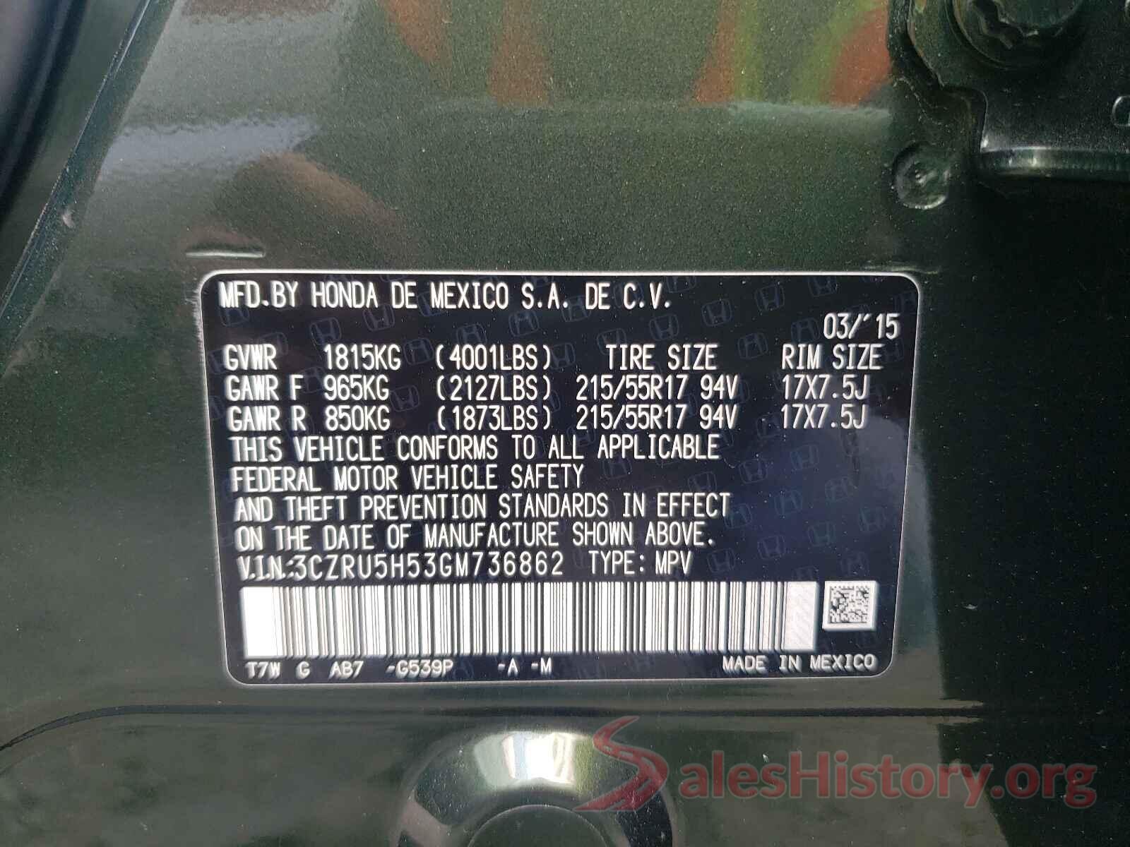 3CZRU5H53GM736862 2016 HONDA HR-V