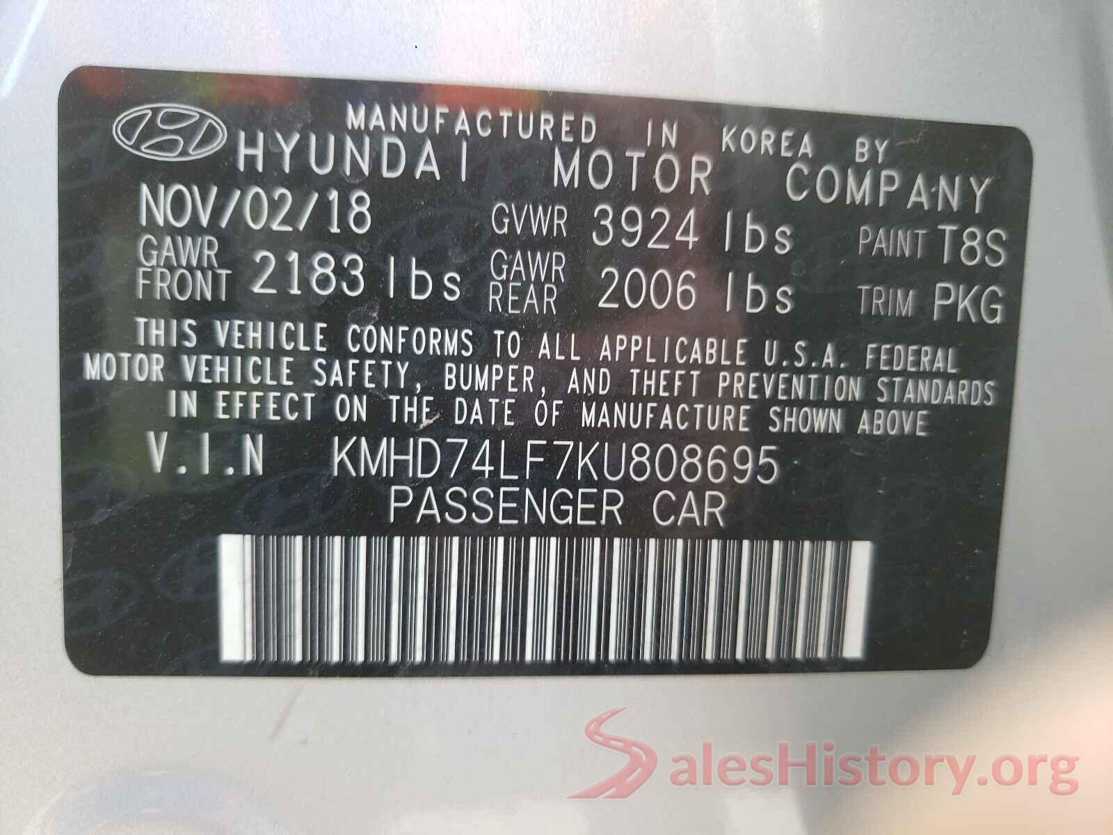 KMHD74LF7KU808695 2019 HYUNDAI ELANTRA