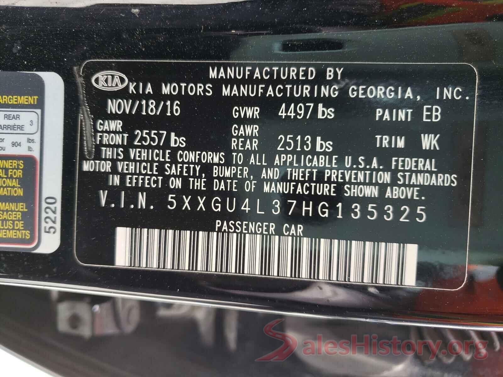 5XXGU4L37HG135325 2017 KIA OPTIMA