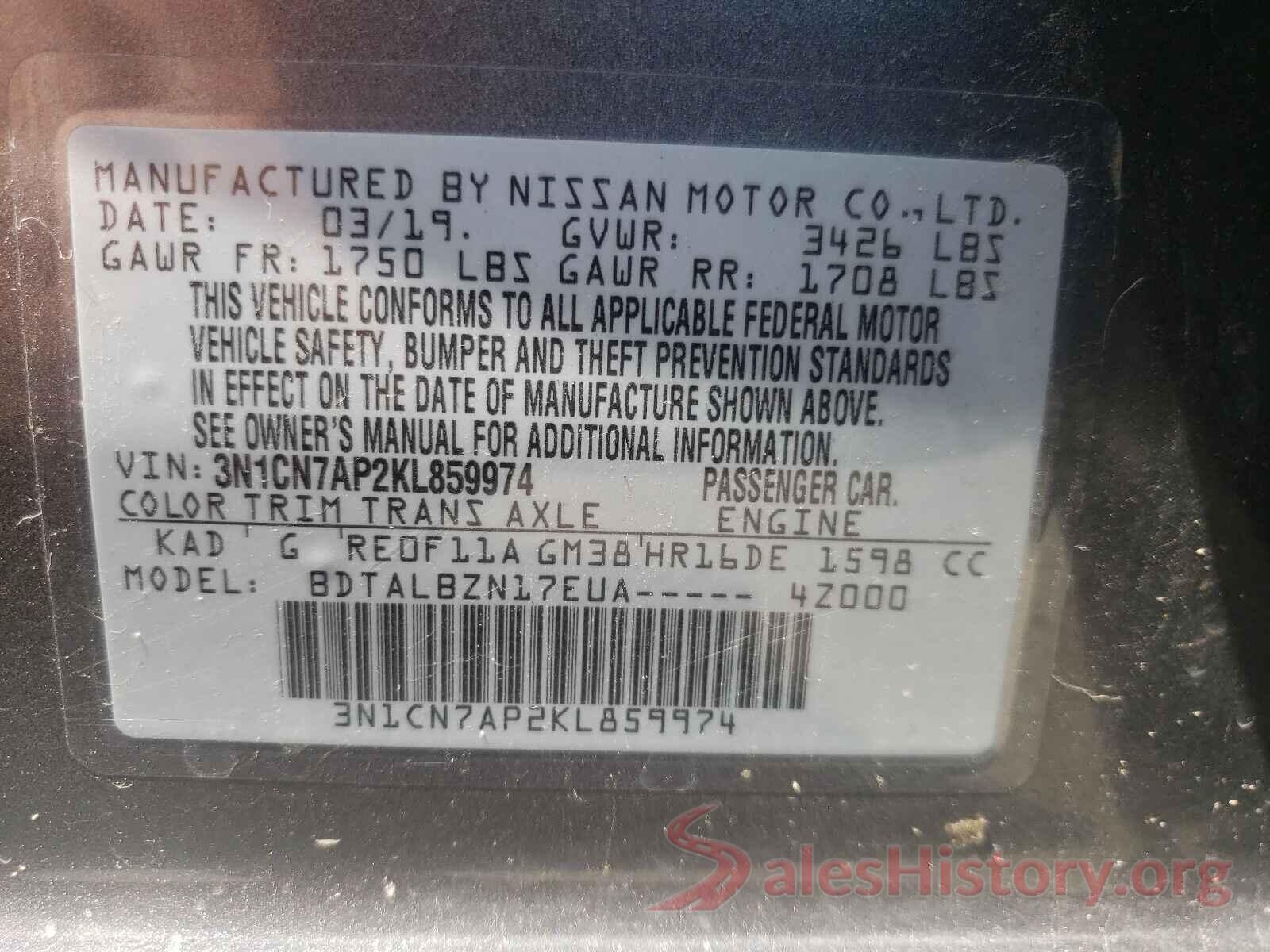 3N1CN7AP2KL859974 2019 NISSAN VERSA