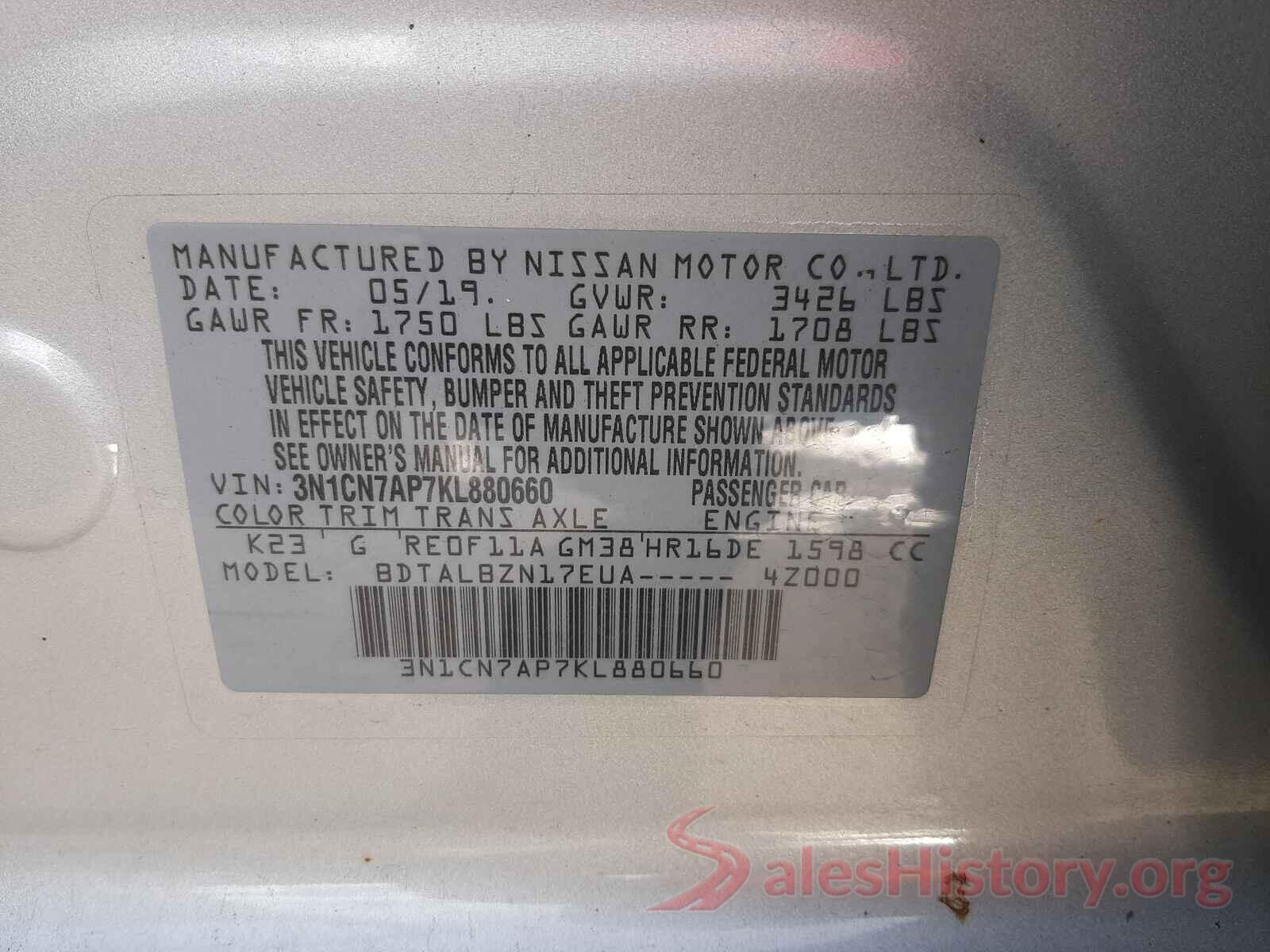 3N1CN7AP7KL880660 2019 NISSAN VERSA