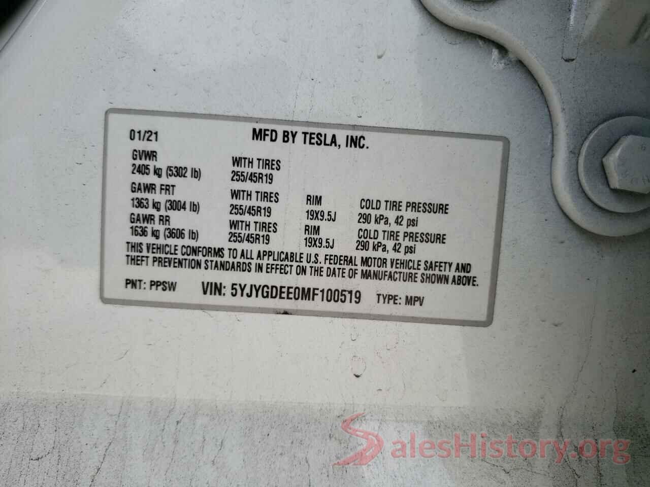 5YJYGDEE0MF100519 2021 TESLA MODEL Y